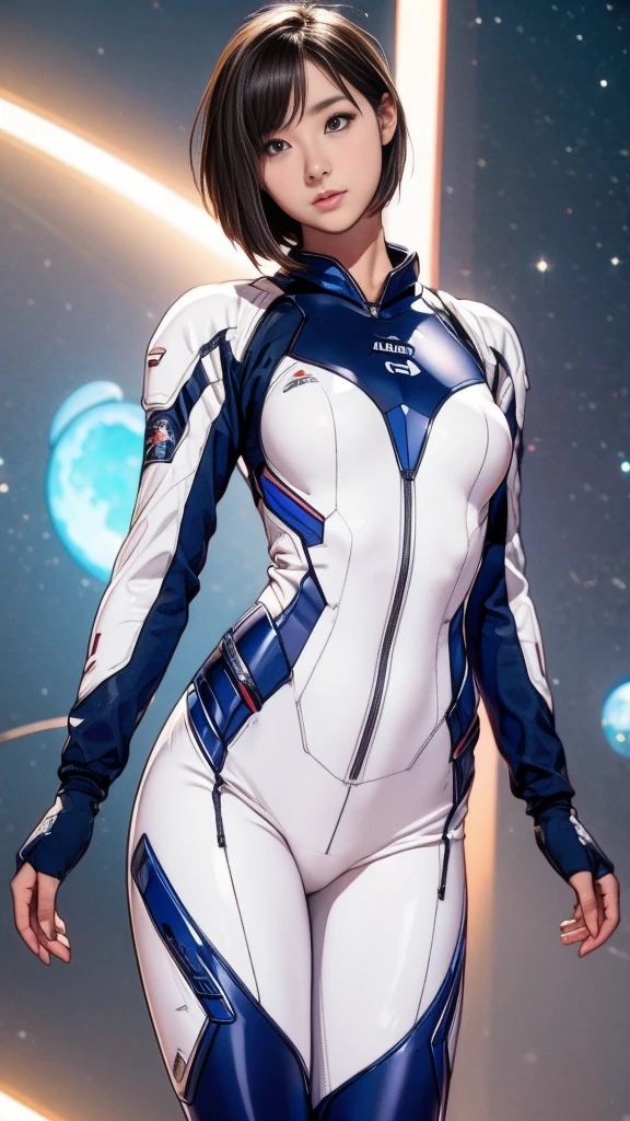 (masterpiece、best quality、Maximum resolution、Clear_image、details): (Full body picture、15 year old girl、Japanese Face、Small face、Thin、Navy Blue Super Short Bob Hairstyle、blue eyes、((Navy long sleeve space suit、Space Helmet))、earphone、Cosmic Tote Bag、Cute、gentle smile、Soft expression、earphone、(((Knee-high boots)))、Gloves come to elbow length、Shoot at eye level、face directly、Woman on a spaceship), (((Camel toe))), ((Plain white tights))