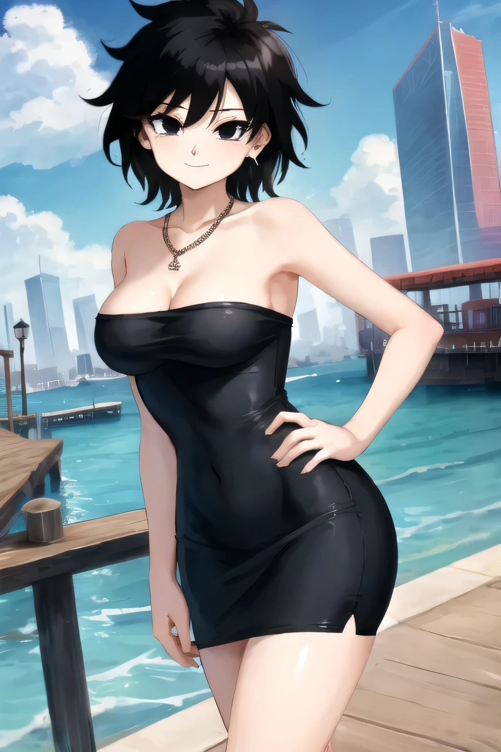 gine, 1 girl, sunlight, solo, closed, blue sky, black hair, black eyes, city, bare shoulders, medium breast, collarbone, cowboy shot, short hair, looking at viewer, smile, looking at viewer, spiked hair, strapless black tube dress, necklace, pier, docks, left hand on hips, standing up, black high heels