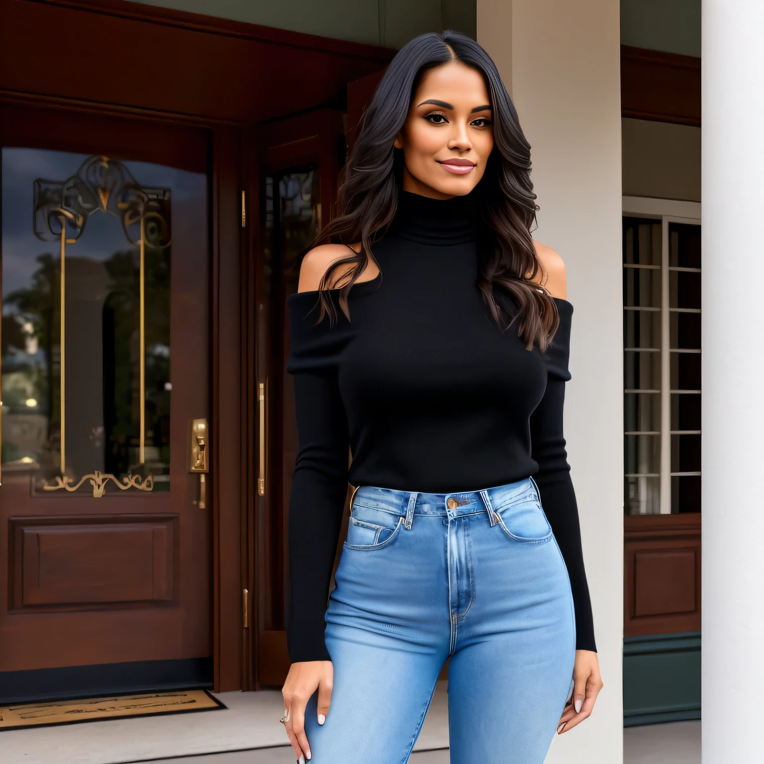 A beautiful Brazilian woman with tanned white skin and medium length dark hair in blue jeans and a black turtleneck shirt holding a beige bag, candid photo, full body, over the shoulder photo, full body profile photo, close up full-length photo, over-shoulder photo, dressed casually in Disney Spring, full-length photo, distant full-body photo, standing in front of T-REX restaurant, in Disney Spring, wearing a black turtleneck sweater. She is around 40 years old, 162 cm tall and weighs 56 kg. Her body exudes glamor and her face is a definition of beauty. Slender body, thin waist. Highly realistic, hyperrealism, very elaborate skin, hyperrealism, high quality photo. Full Body Photo, Sharp Photo, High Resolution, High Quality, Masterpiece, 16K Photo, Sharp, High Contrast, Masterpiece, (Photographically Realistic), 16k, NUDE, NUDITY, NFSW.