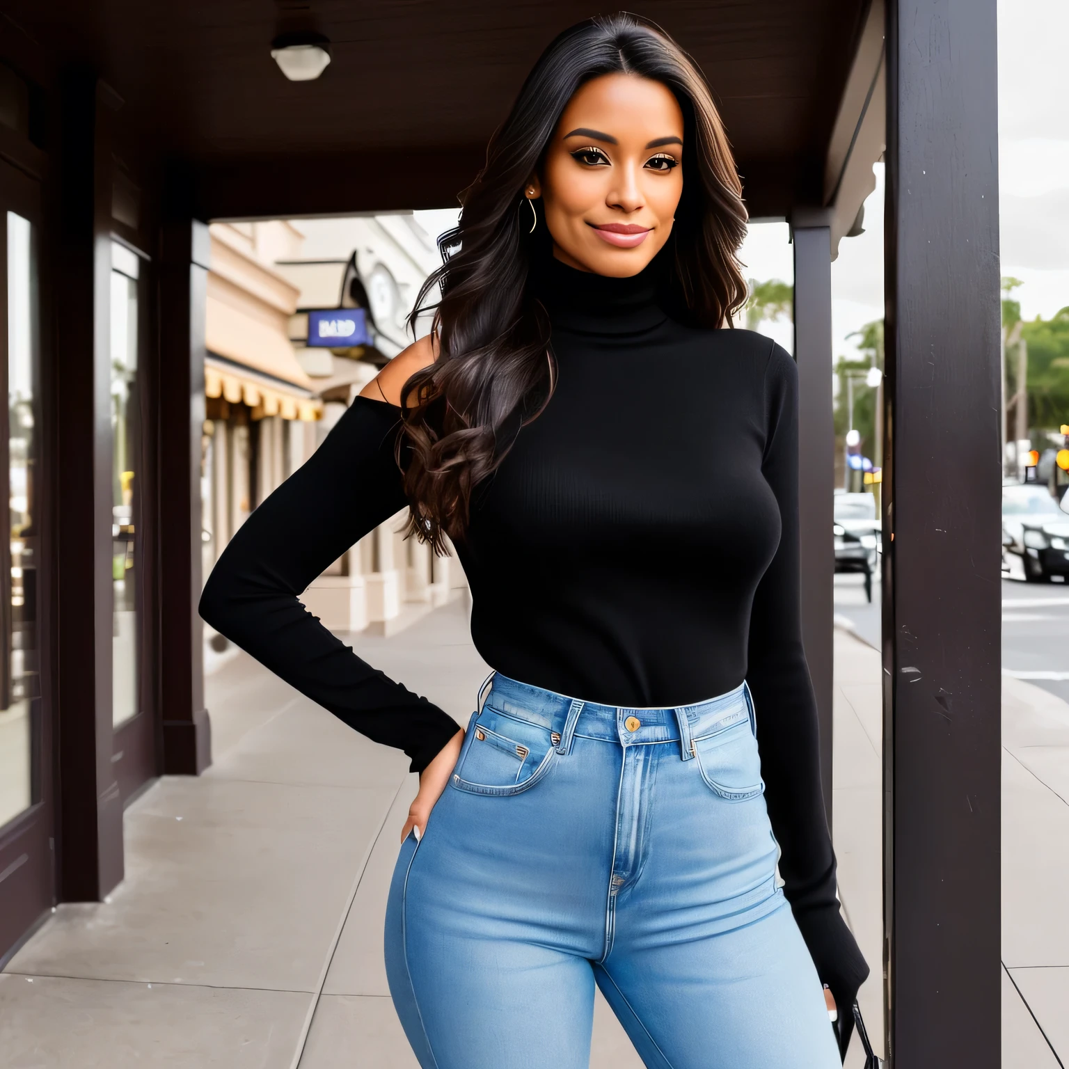 A beautiful Brazilian woman with tanned white skin and medium length dark hair in blue jeans and a black turtleneck shirt holding a beige bag, candid photo, full body, over the shoulder photo, full body profile photo, close up full-length photo, over-shoulder photo, dressed casually in Disney Spring, full-length photo, distant full-body photo, standing in front of T-REX restaurant, in Disney Spring, wearing a black turtleneck sweater. She is around 40 years old, 162 cm tall and weighs 56 kg. Her body exudes glamor and her face is a definition of beauty. Slender body, thin waist. Highly realistic, hyperrealism, very elaborate skin, hyperrealism, high quality photo. Full Body Photo, Sharp Photo, High Resolution, High Quality, Masterpiece, 16K Photo, Sharp, High Contrast, Masterpiece, (Photographically Realistic), 16k, NUDE, NUDITY, NFSW.