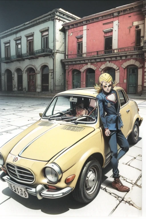 1970s、Fiat nuova 500（Cinquecento）、Light yellow、Italy、anime、whole Minimalist car logo sticker Minimalist car logo sticker、With anime character Daisuke Jigen、1970s Animated Movies、Daisuke Jigen(Lupin III)