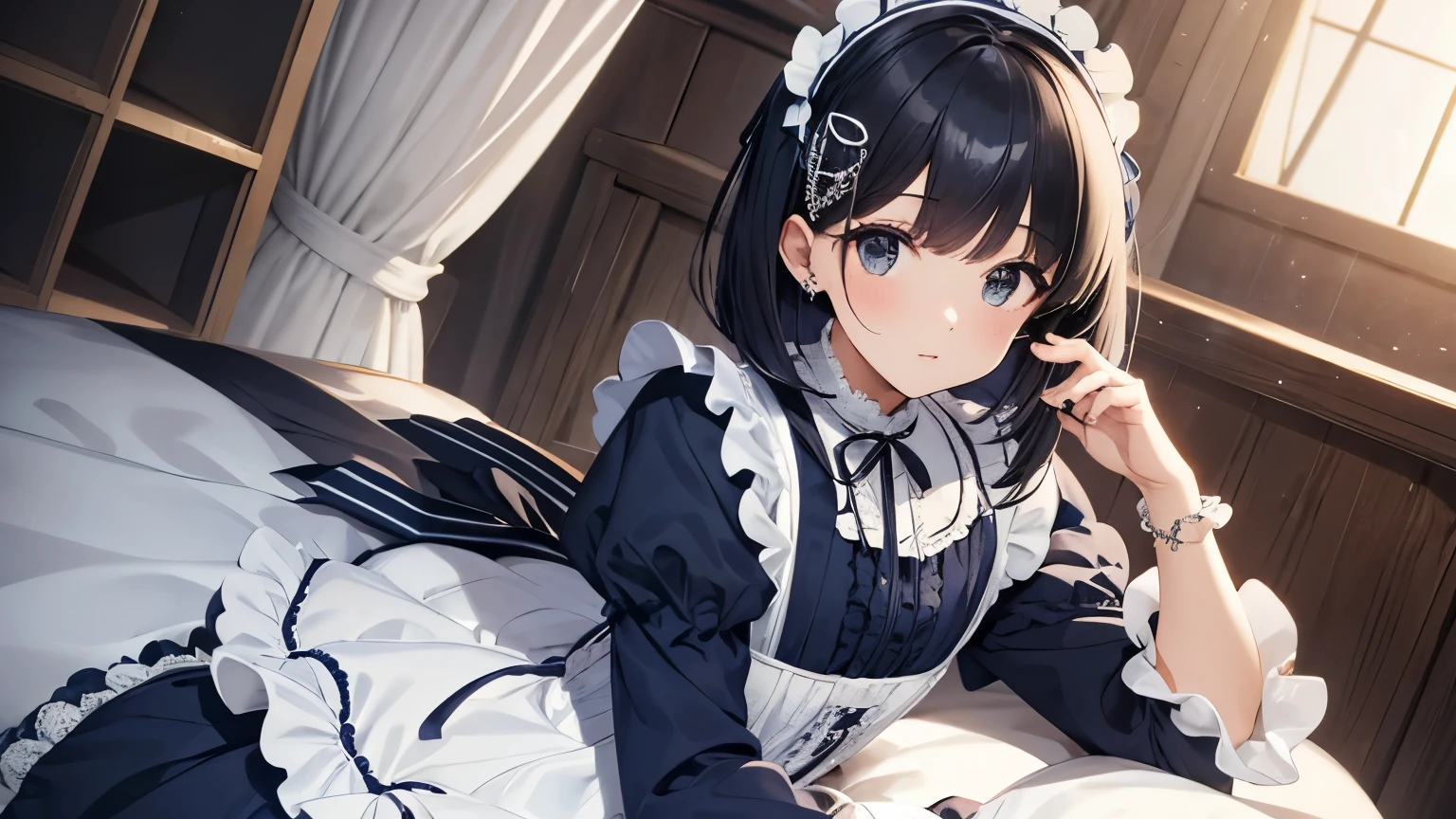 A beautiful woman wearing a navy blue and white sweet lolita dress with lots of frills and lace　Long sleeve　Black bob with hair ornament　Upper Body