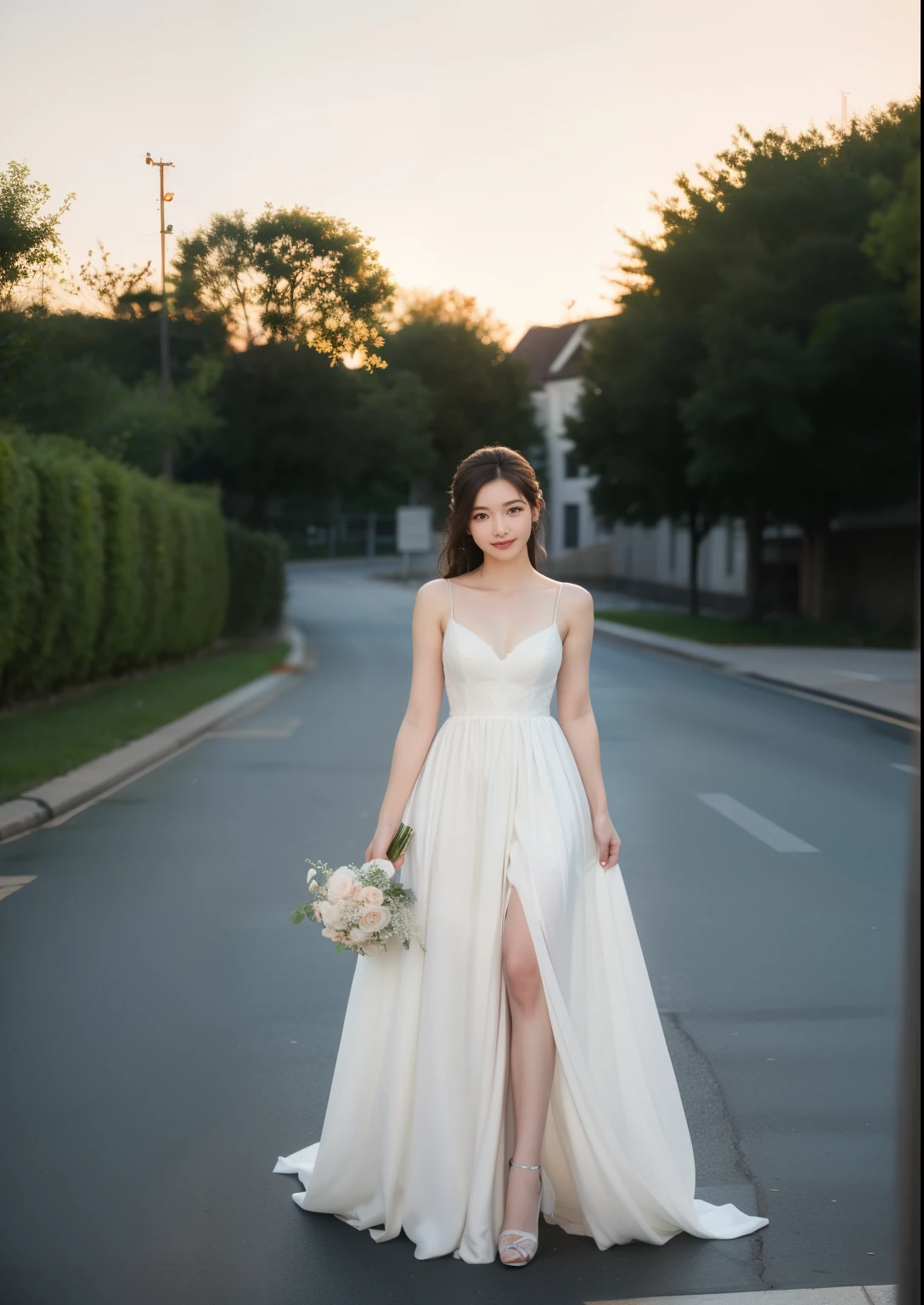 Beautiful 25 year old skinny woman。She is wearing a wedding dress. She is smiling on illuminated by the evening church lights on the romantic sunset time. her dark brown hair. High resolution、masterpiece、highest quality、頭w:1.0、((Hasselblad Photos))、fine skin、(movie lighting)、clavicle . full body picture.