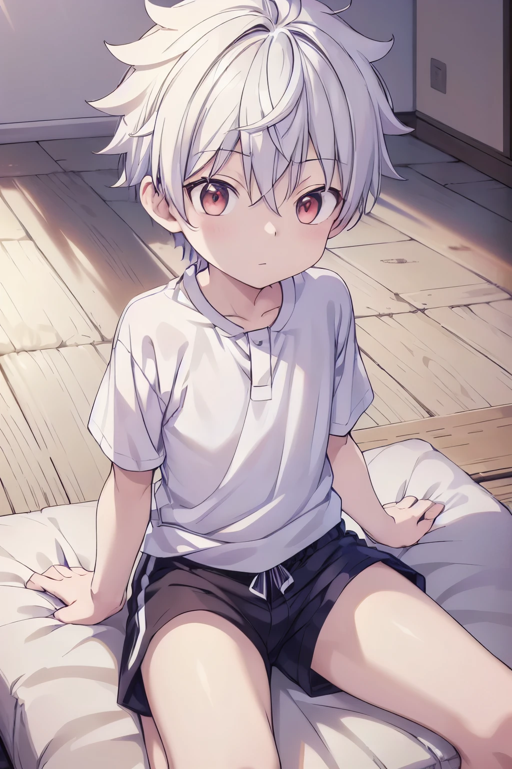 1boy, aoi, masterpiece, ultra detail, male focus, soccer shirt, adorable captivating, white hair , red eyes , white albine skin, sit on tatami
 