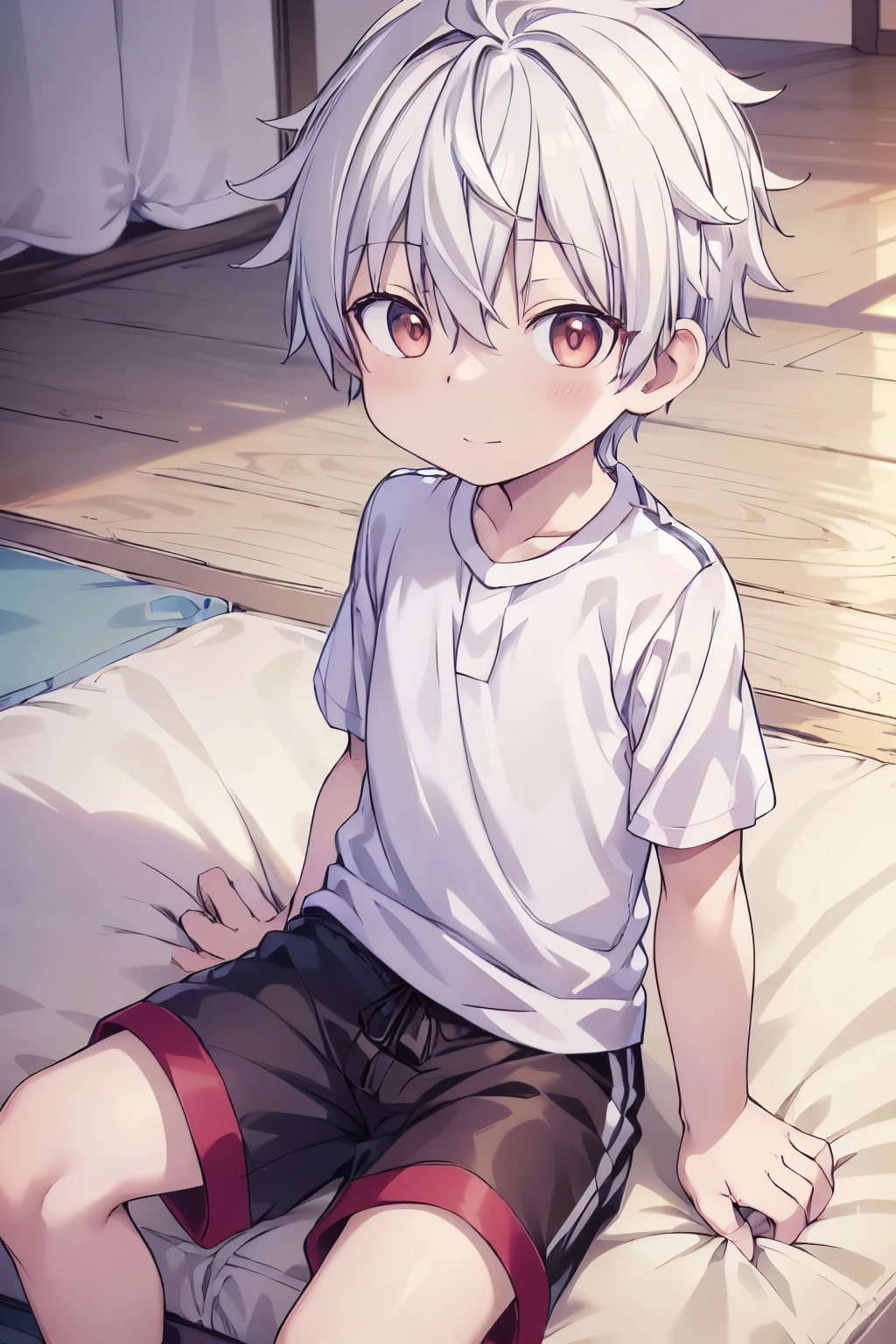 1boy, aoi, masterpiece, ultra detail, male focus, soccer shirt, adorable captivating, white hair , red eyes , white albine skin, sit on tatami
 