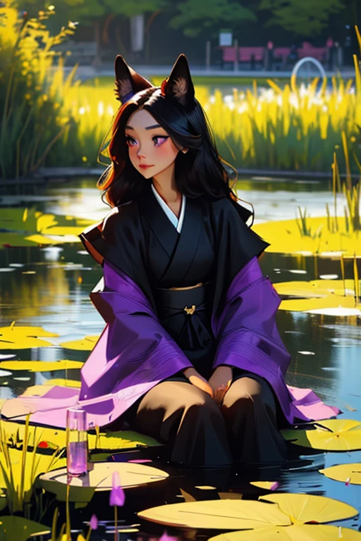 A black haired woman with violet eyes with an hourglass figure and black fox ears and a fox tail in a kimono is sitting by the pond at the park