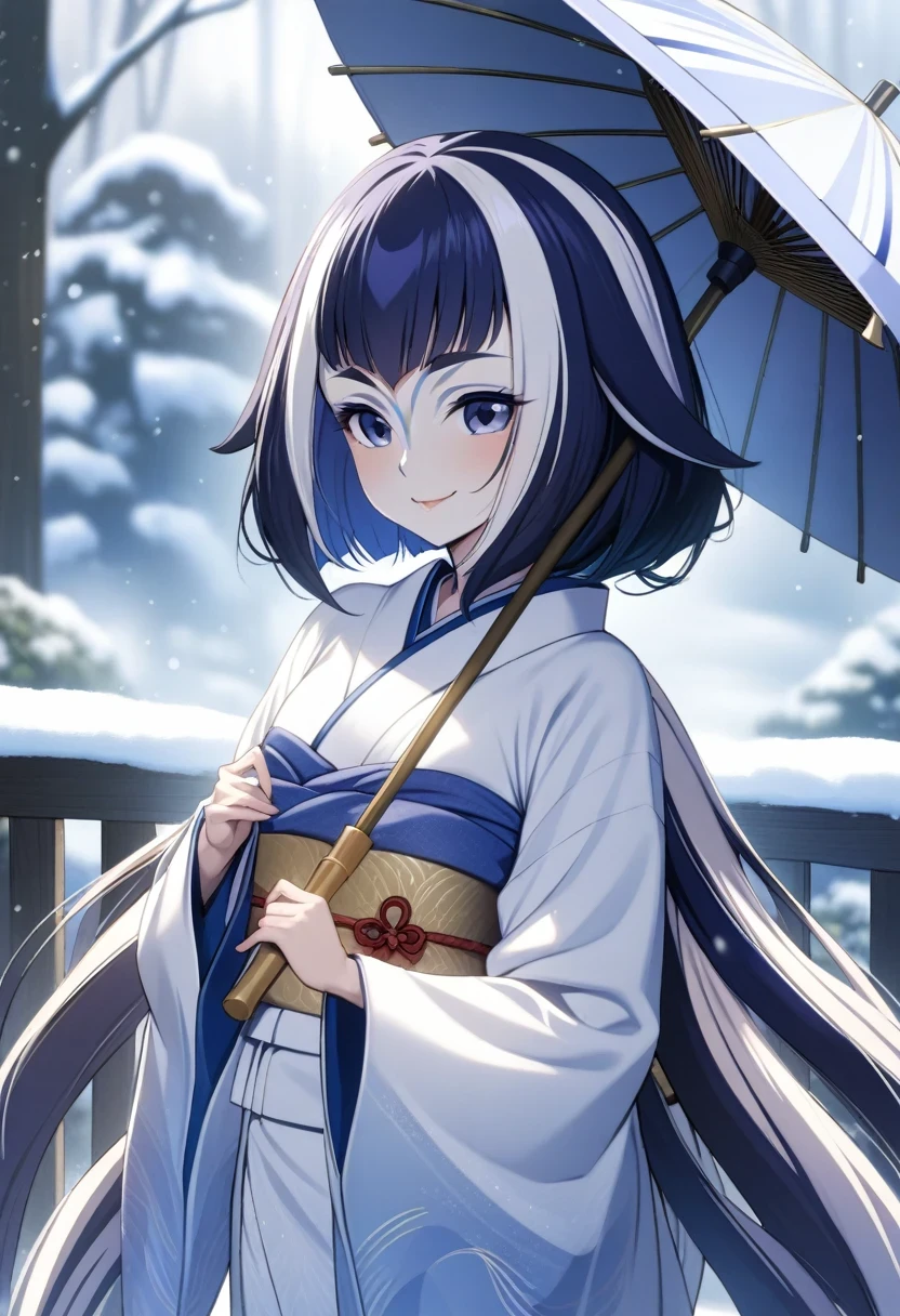 (shylily/(Twich/):1.5),(masterpiece:1.2),(best quality:1.2),Girl in white kimono、Silk furisode、Luxurious white furisode、Luxurious white furisode、Dreamy white furisode　(Dynamic open pose),Charming smile　Anime girl in kimono holding an umbrella in the snow looking at the camera, Wear a kimono,