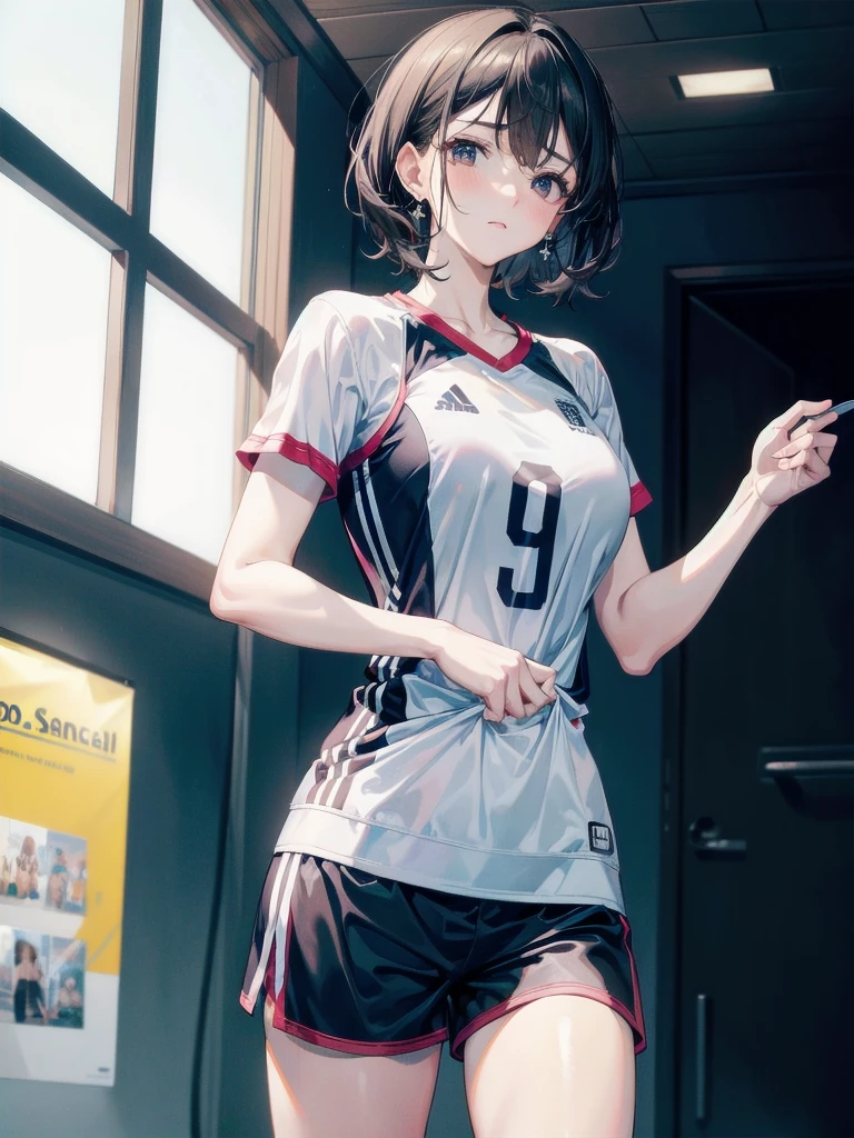 volleyball Jersey, shorts, absurdres, RAW photo, extremely delicate and beautiful, masterpiece, Best Quality, ultra high resolution, 32k, hyperrealistic, ultra-detailed, perfect figure, tearful mole, earring, whole body shot, short medium hair, wavy hair,