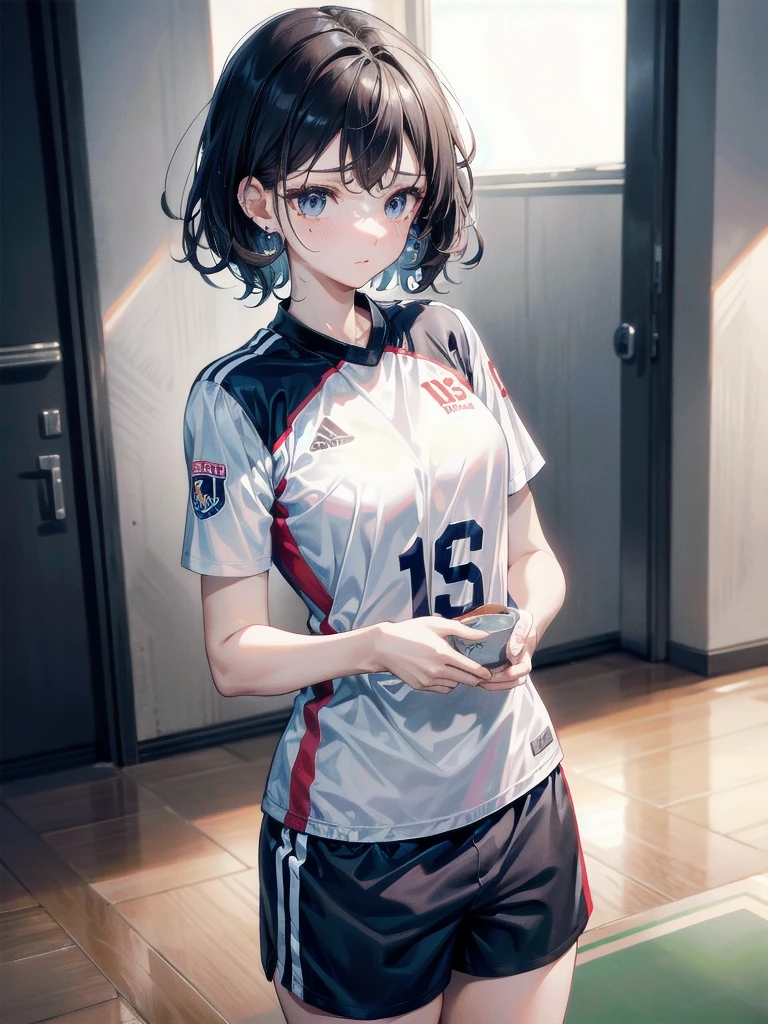 volleyball Jersey, shorts, absurdres, RAW photo, extremely delicate and beautiful, masterpiece, Best Quality, ultra high resolution, 32k, hyperrealistic, ultra-detailed, perfect figure, tearful mole, earring, whole body shot, short medium hair, wavy hair,