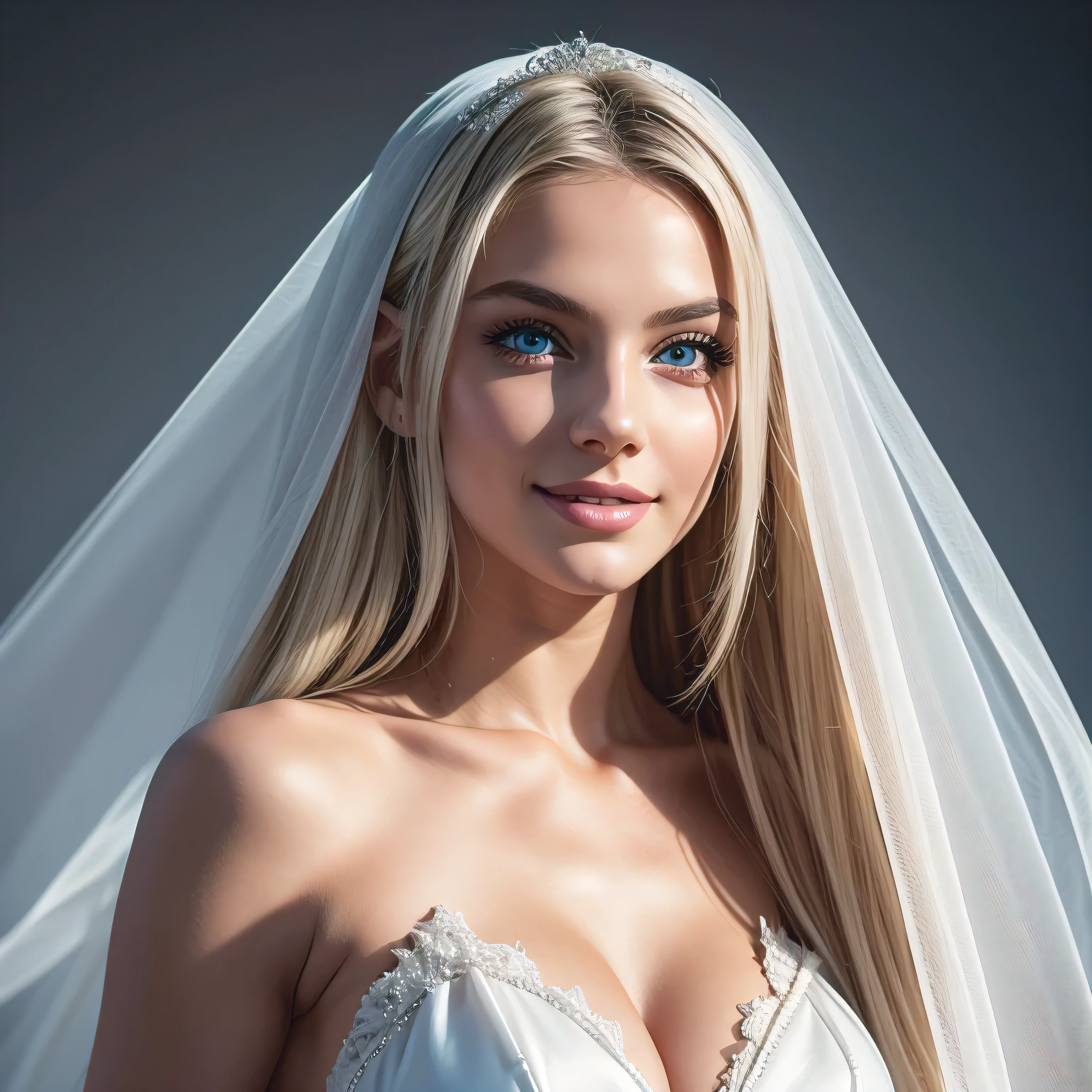 Pure white hair, (waist length hair), glowing hair, detailed hair, Blue eyes, beautiful eyes, extremely detailed eyes and face, Beautiful detailed eyes, Ultra detailed, The world in the face, bright skin, 18 year old girl, perfect pose, beautiful smile, happy, horny, Innovative design, dynamic angle, Beautiful view, perfect angle, Professional quality, Very detailed octane rating, render, Volumetric lighting with ray tracing, perfect body, perfect faces, perfect hand, perfect fingers, perfect breasts, 8K high resolution, perfect composition, perfect light, ideal body type, realistic bimbo, Carmelto retreat, Full length portrait, close-up, realism, trend, realism, trend, civilization, show perfect teeth, happy, small waist, wearing a white wedding dress, smiling, Happy, standing pose with your back to the camera, back view, stands at the wedding arch in the field, white veil on face, The face is covered with a veil