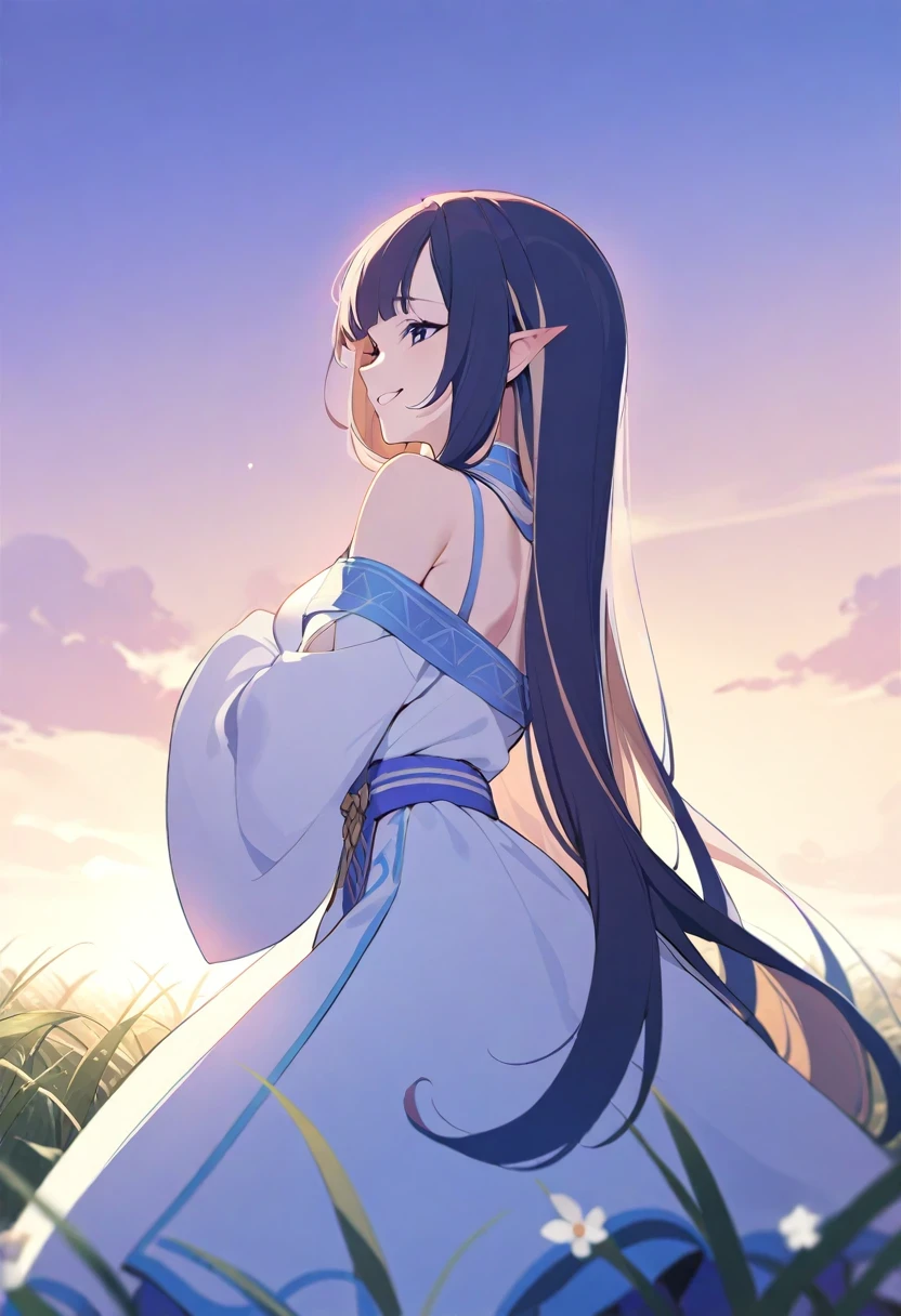 (shylily/(Twich/):1.5),(masterpiece:1.2),(best quality:1.2),, 1 girl standing in a wheat field, Solitary, long hair, skirt, flower, White Hanfu, Smile, whole body, white flower, Bare shoulders, very long hair,, Shut up, For the audience, Bangs,