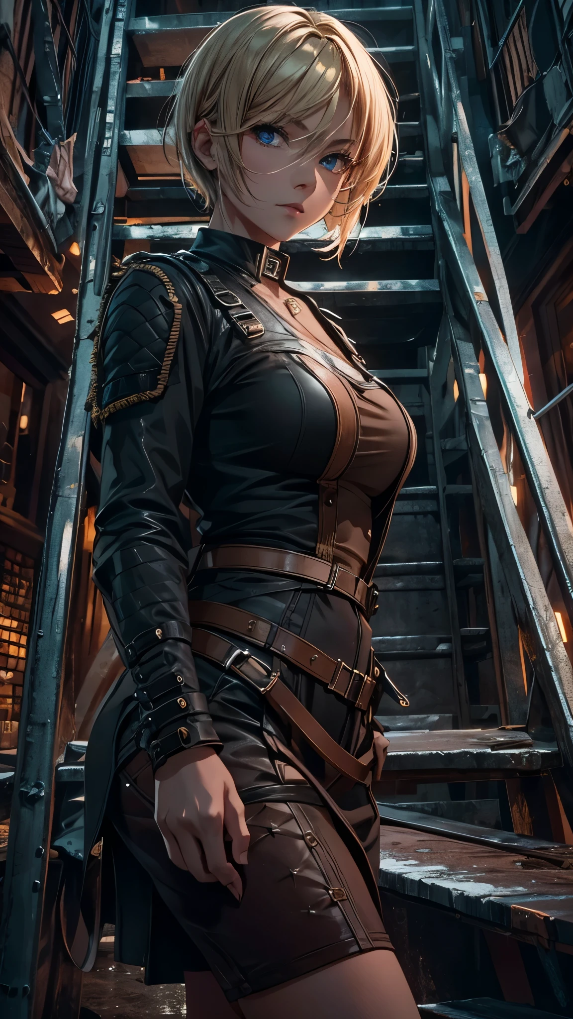 A woman in her 20s with short blonde hair, wearing an army-style outfit, walking down a dark, long, spiral iron staircase inside an iron tower at night, close-up shot, best quality, 4k, 8k, highres, masterpiece:1.2, ultra-detailed, realistic, photorealistic, photo-realistic:1.37, HDR, UHD, studio lighting, ultra-fine painting, sharp focus, physically-based rendering, extreme detail description, professional, vivid colors, bokeh, dark, moody, dramatic, cinematic