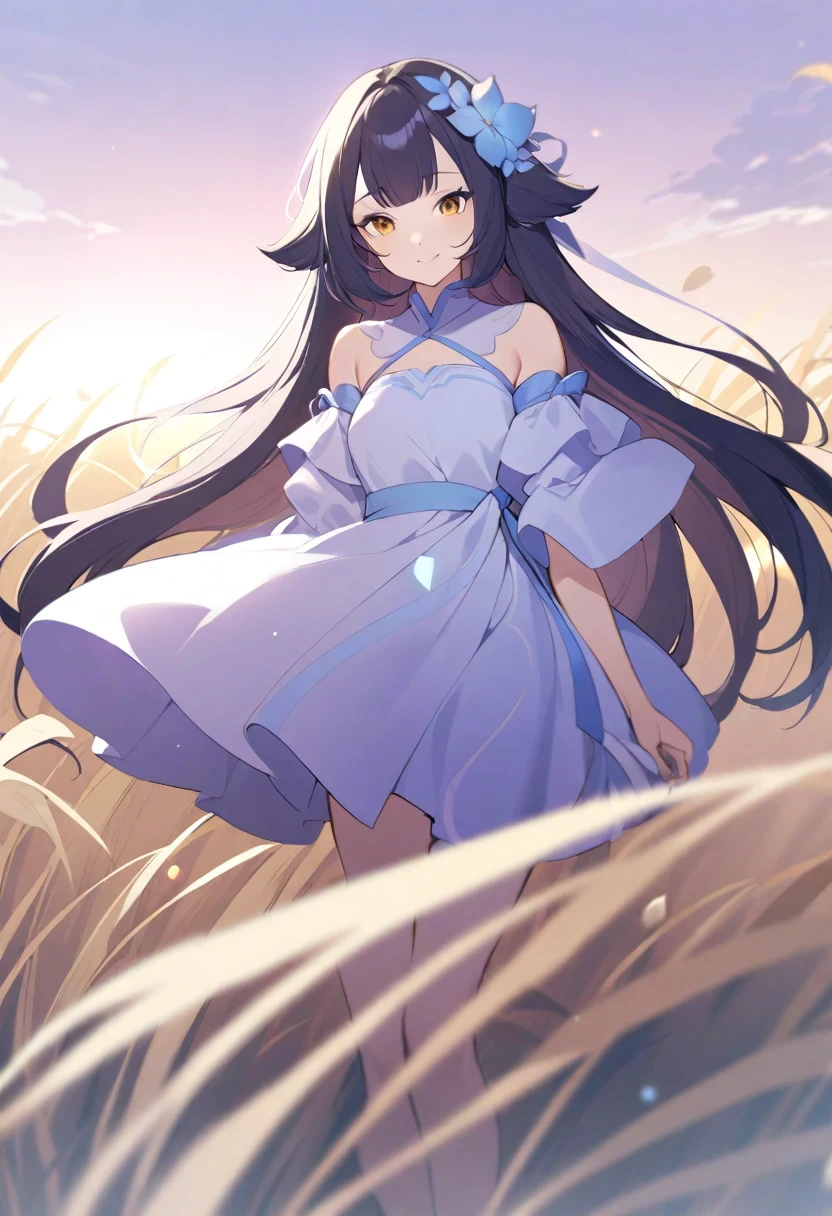 (shylily/(Twich/):1.5),(masterpiece:1.2),(best quality:1.2),, 1 girl standing in a wheat field, Solitary, long hair, skirt, flower, White Hanfu, Smile, whole body, white flower, Bare shoulders, very long hair,, Shut up, For the audience, Bangs,