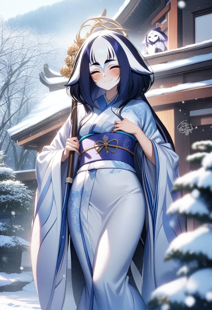(shylily/(Twich/):1.5),(masterpiece:1.2),(best quality:1.2),Girl in white kimono、Silk furisode、Luxurious white furisode、Luxurious white furisode、Dreamy white furisode (Dynamic open pose),Charming smile Anime girl in kimono holding an umbrella in the snow looking at the camera, Wear a kimono,