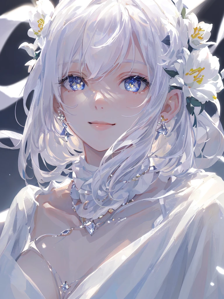 masterpiece, highest quality, figure, white, platinum earrings, Platinum Necklace, white dress, 1 girl, cute, (dynamic lighting:1.2), cinematic lighting, delicate features, fine eyes, sharp pupils, ((shapely massive chest;1.5)), realistic student, Depth of bounds written, Bokeh, sharp focus, (very detailed, bloom, shine:1.4), Many Small Gems,kind smile