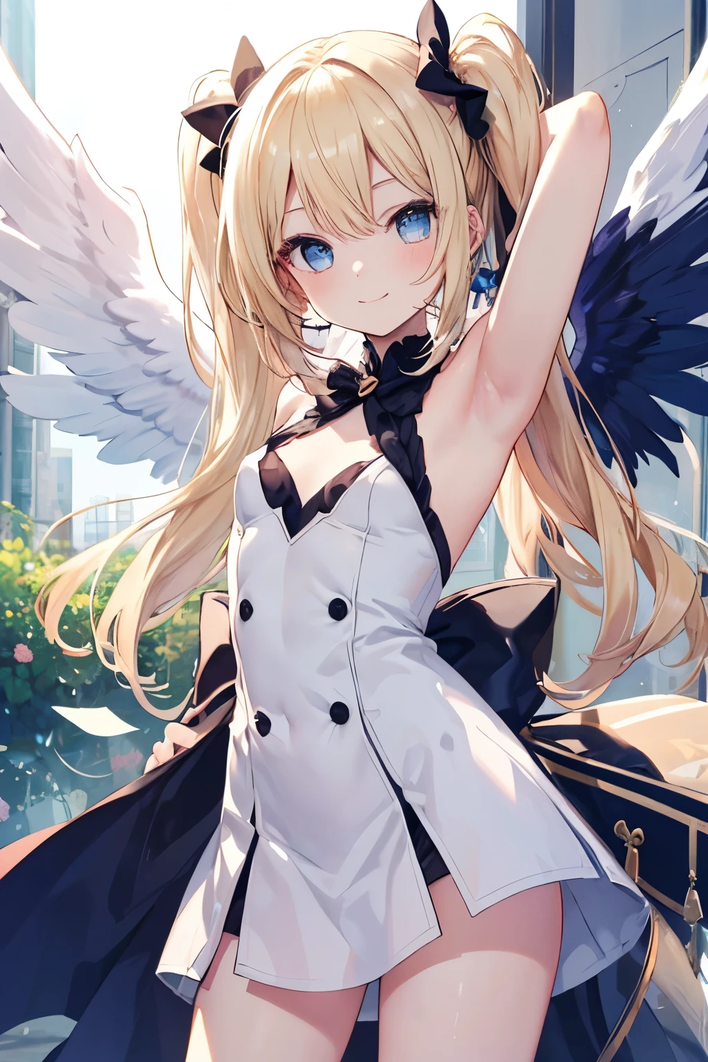 blonde、blue eyes、girl、Small breasts、Twin tails、girl、Small breasts、Bright smile、Looks about 、Petan Musume、He is short、Angel wings growing、Eye highlights、Show your armpits