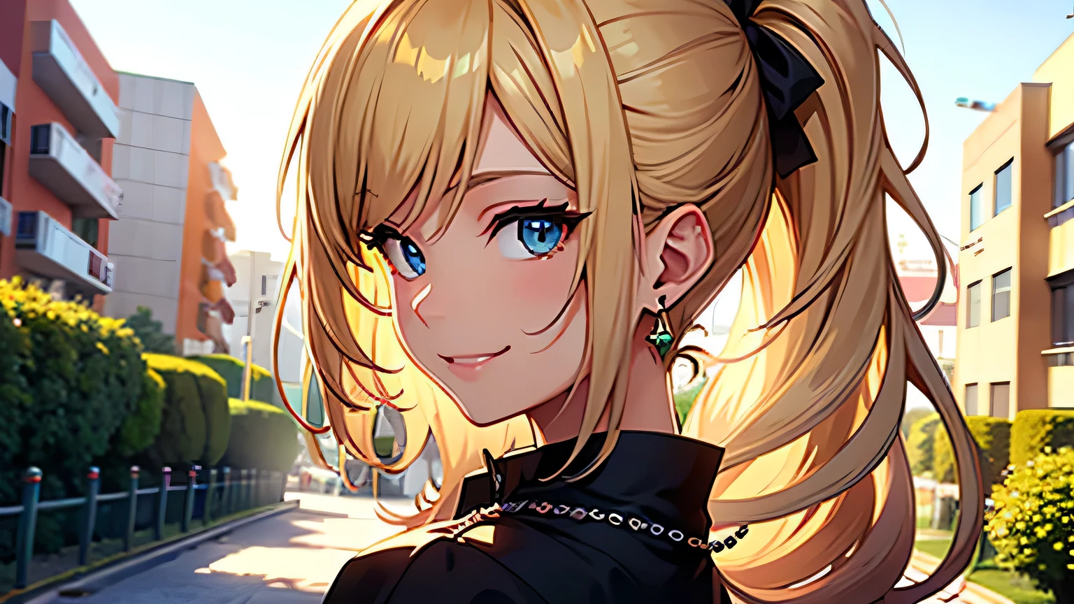 ((highest quality)), ((masterpiece)), (detailed), Perfect Face、On the way home、blonde、Smooth Hair、ponytail、smile、look back、Earrings、necklace、