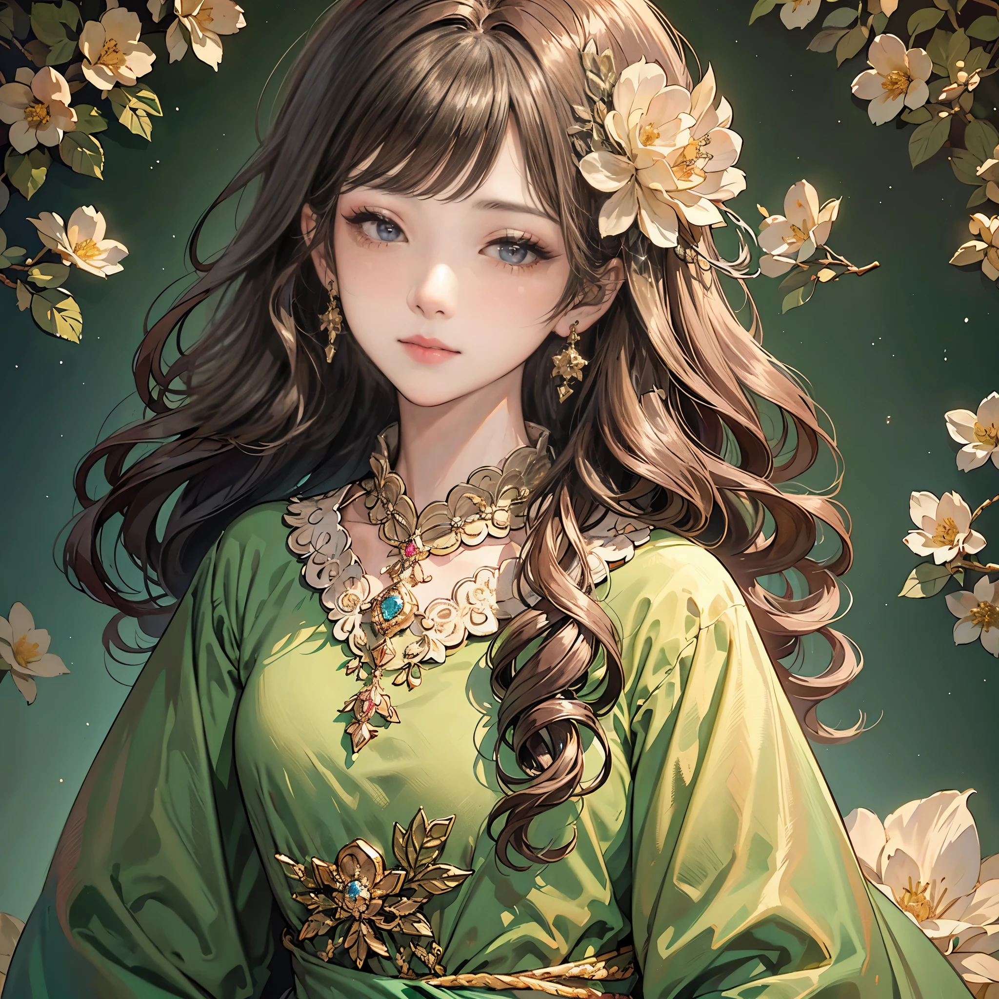 (best quality,8K,CG,Detailed upper body,,girl,Flower Dress,Forest background,expressive facial features,elegant long hair,Almond eyes,Exquisite eye makeup,Long fluttering eyelashes,Blinking eyes widely,Twinkling Stars,Intricate lip details,Pastel style)