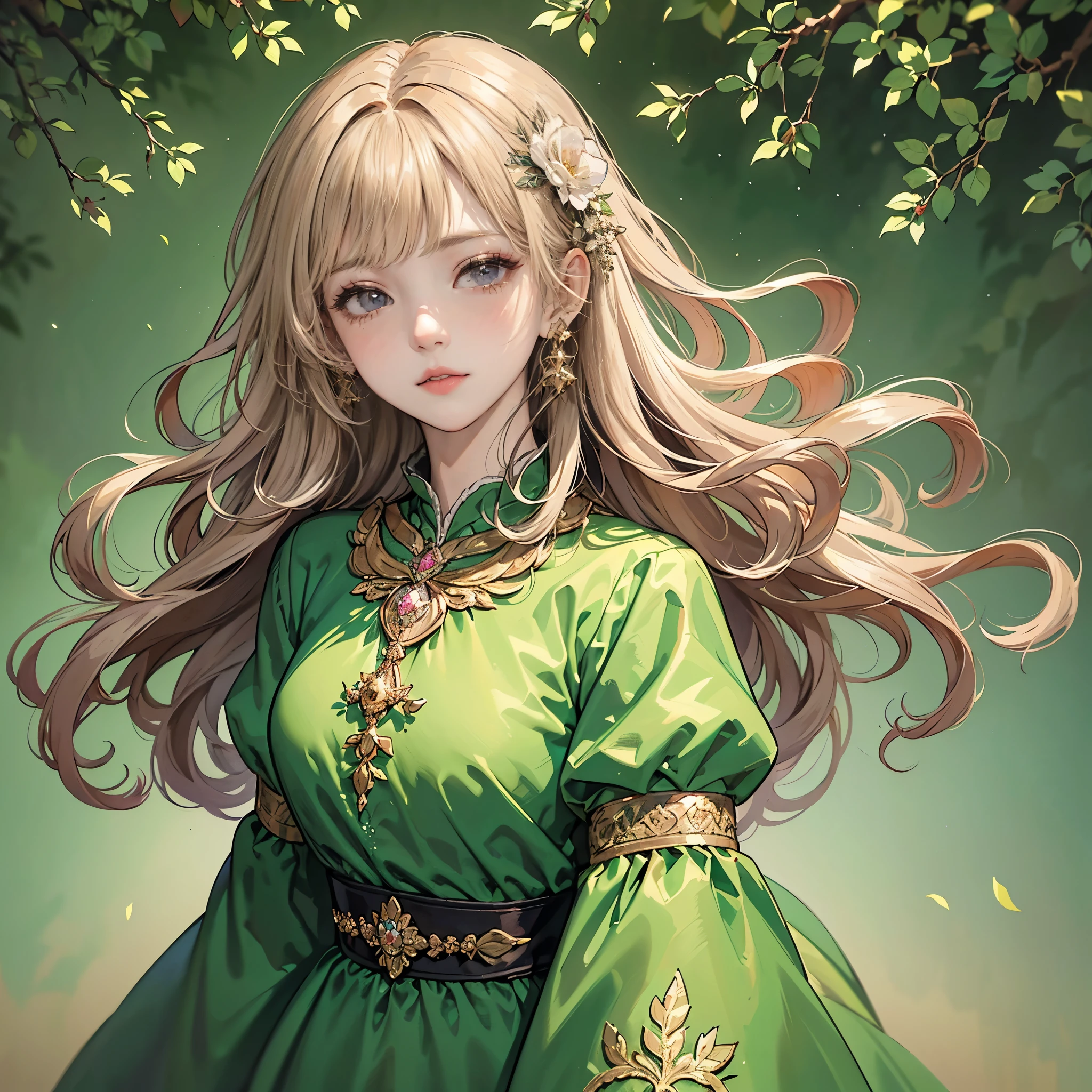 (best quality,8K,CG,Detailed upper body,,girl,Flower Dress,Forest background,expressive facial features,elegant long hair,Almond eyes,Exquisite eye makeup,Long fluttering eyelashes,Blinking eyes widely,Twinkling Stars,Intricate lip details,Pastel style)