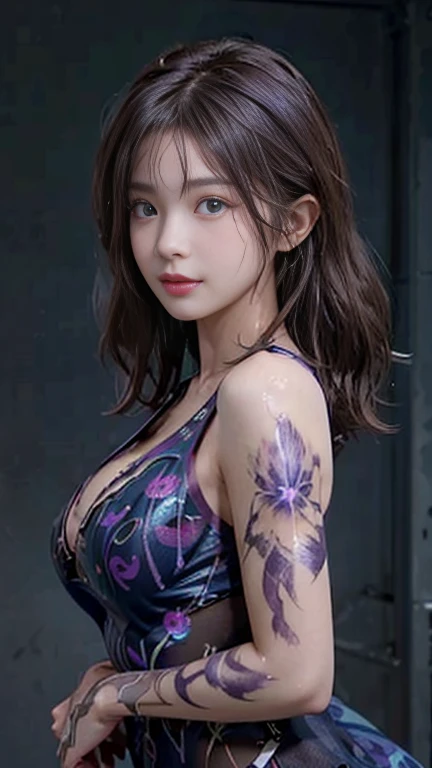 highest quality, shape, Very detailed, finely, High resolution, 8k wallpaper, 完璧なダイナミックな構shape, 美しくてBeautiful Eyes,Short Bob Hair、Big Breasts、Natural color lip, Bold sexy pose、smile、Adult female 30 years old、美shape、ear piercing,Adult sex appeal、Subjects striking sexy poses for the camera,Sculpture model pose,((リアルなillumination, highest quality, 8k, masterpiece: 1.3)), Clear focus: 1.2, 1 girl, Perfect body beauty: 1.4, Slim Abs: 1.1, ((Dark brown wavy hair, Hair inner color blue,Messy Hair,Big Breasts: 1.3)), (Finished with body paint,Transparent dark purple arabesque pattern rider suit: 1.4), (Black background, illumination: 1.1),Body Paint Dresses, whole body, Long legs, Very detailedな顔, Beautiful Eyes, double eyelid,"Please randomly select one of the camera angles below:: Back view, whole bodyショット, Front view, Or a low angle shot."