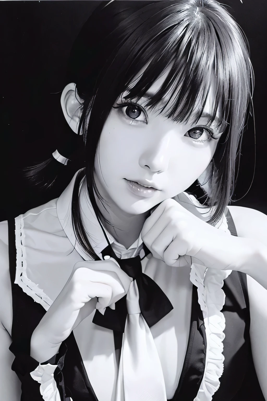 masterpiece、highest quality、8k、(Face shot close up:1.2)、(14 years old)、1 pretty girl、slim、Flat Body、slender、Short Twin Tails、Bright Eyes、Ahoge、Collared dress、Sleeveless dress、tie、(Conceit:1.2)、(Half Light:1.4)、(High Contrast Lighting:1.4)