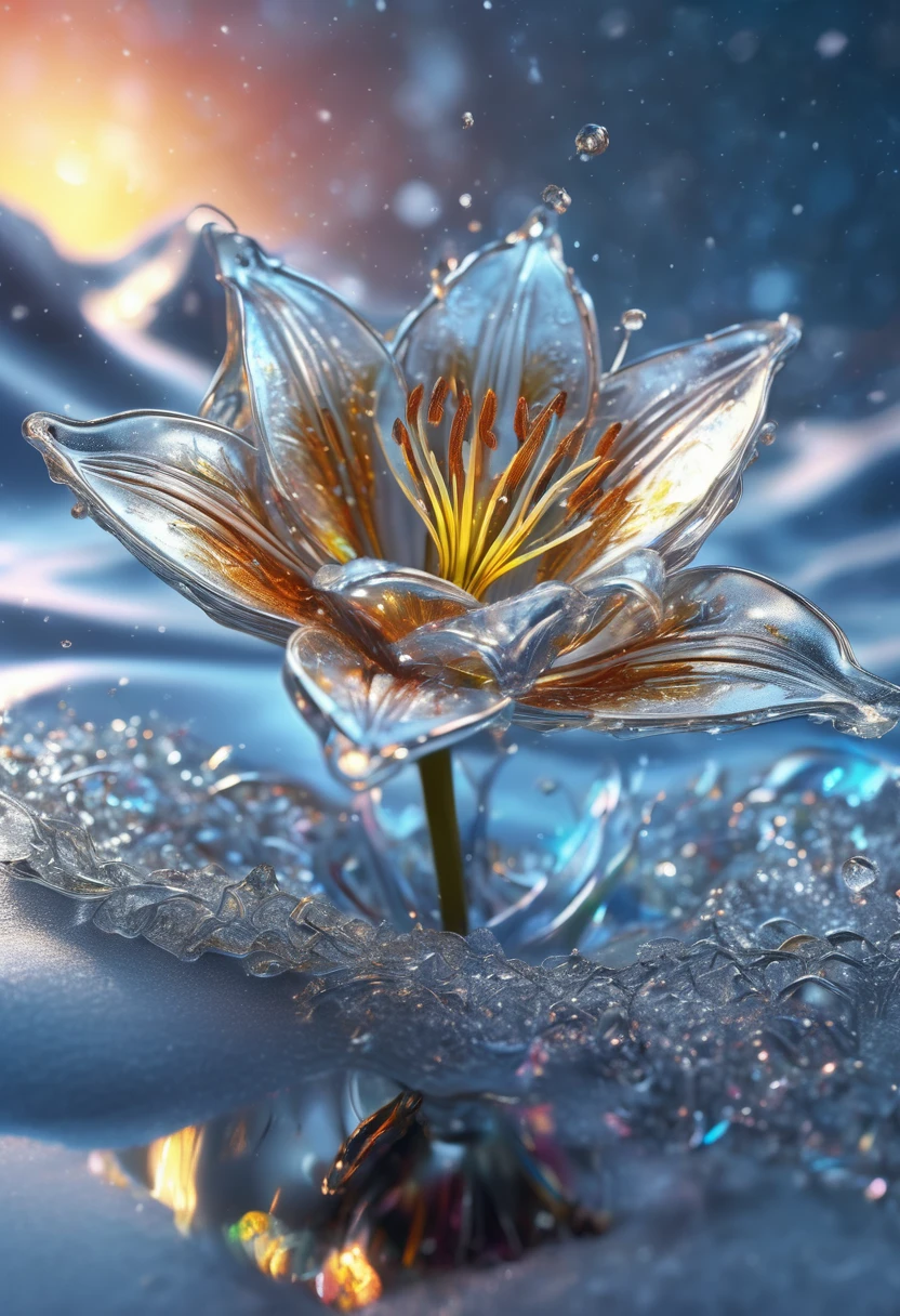 Liquid Metal, stunning cinematic full body visual of a frozen mercury lily snowy landscape with crystal snow falling from the sky but it's made of Circuitry fantasy liquid metal wave street with a metal firefly shining, Hyperrealistic, steampunk, splash art, concept art, mid shot, intricately detailed, color depth, dramatic, 2/3 face angle, side light, colorful background