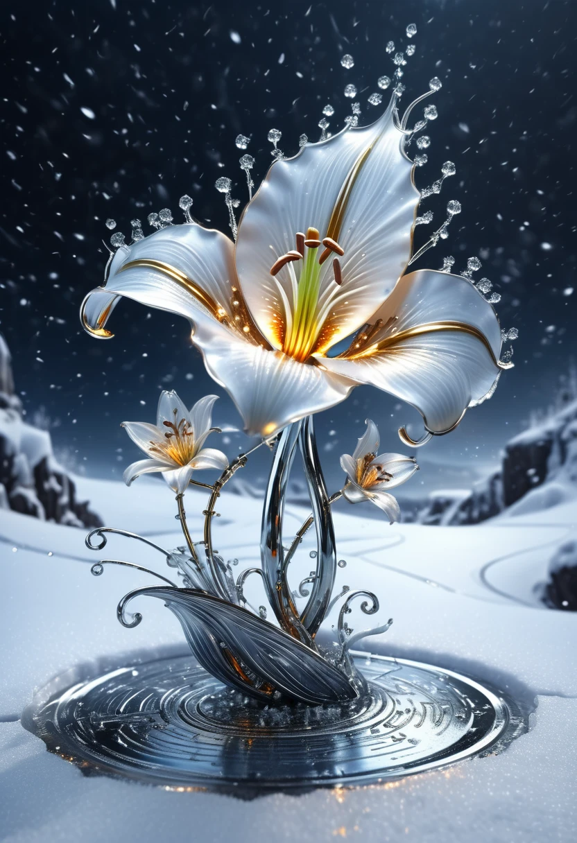 Liquid Metal, stunning cinematic full body visual of a frozen mercury lily snowy landscape with crystal snow falling from the sky but it's made of Circuitry fantasy liquid metal wave street with a metal firefly shining, Hyperrealistic, steampunk, splash art, concept art, mid shot, intricately detailed, color depth, dramatic, 2/3 face angle, side light, colorful background