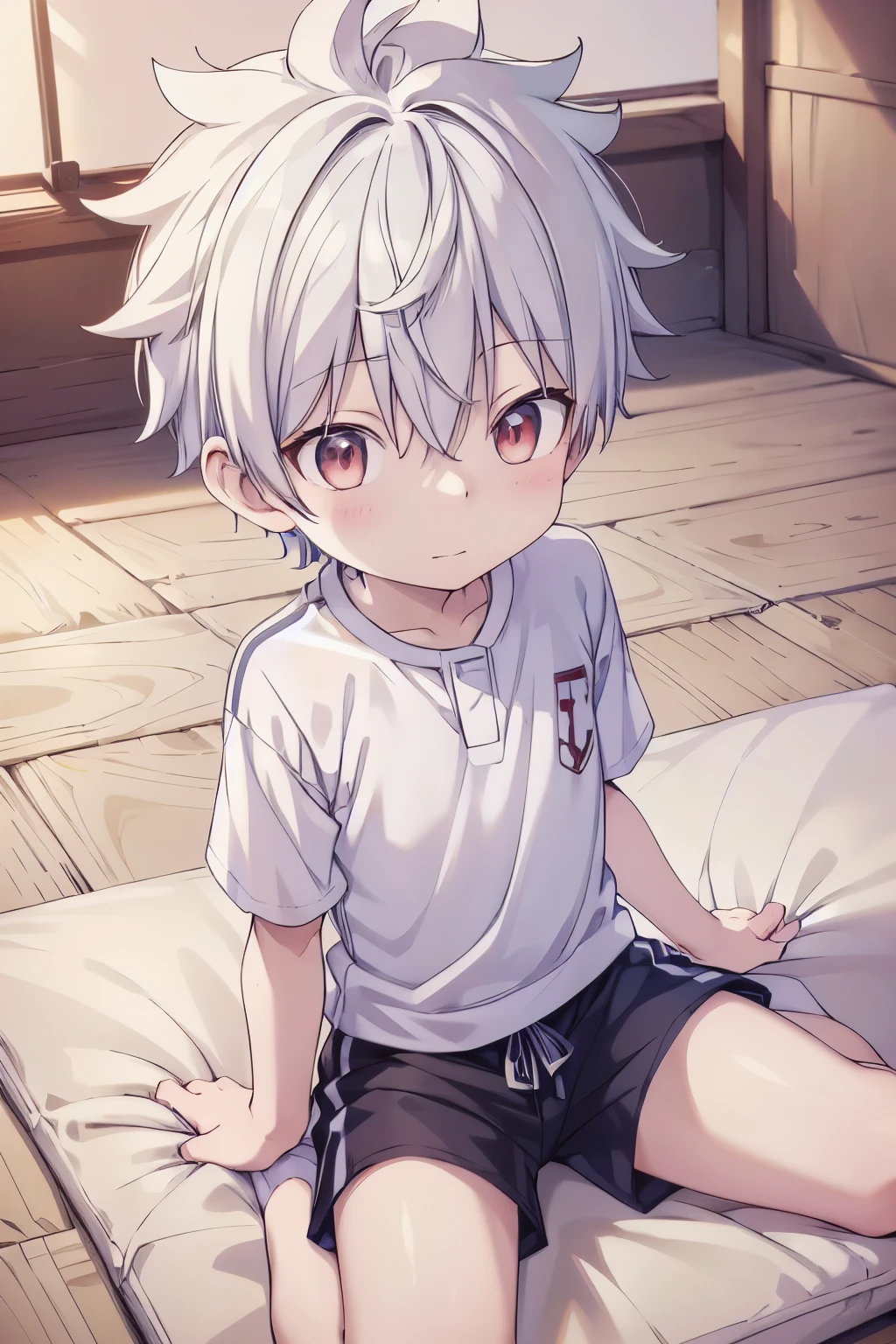 1boy, aoi, masterpiece, ultra detail, male focus, soccer shirt, adorable captivating, white hair , red eyes , white albine skin, sit on tatami japanese style
 