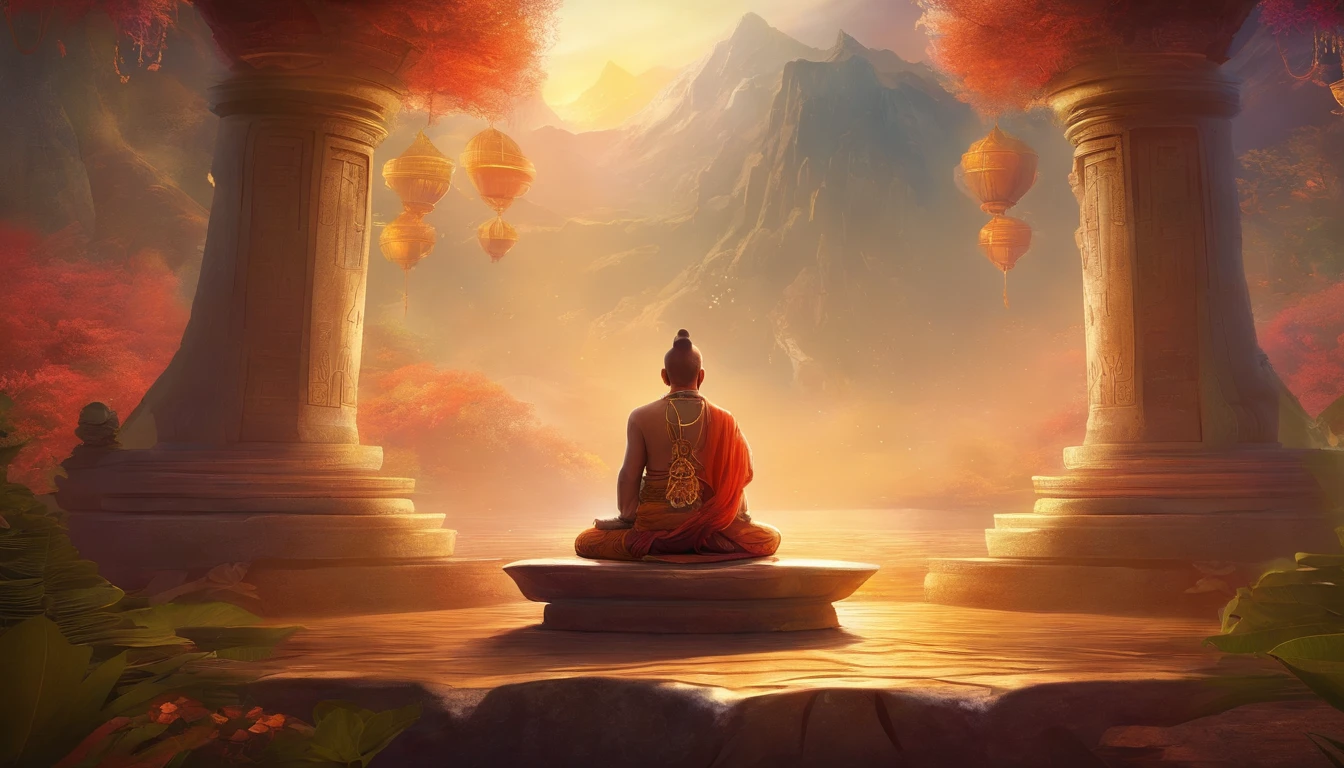 enchanting the audience, Full Body Meditation Pose, hands on thighs, An old monk is sitting,Monge extremamente velho,(Pray in lotus positionedited by Buddhist monk, (vista frontal),medita com os olhos fechados, peaceful look, front angle,Grande luz,Hinduism,Imagem bonita,epic cinematic scene,Ultra foto realsisim,8K