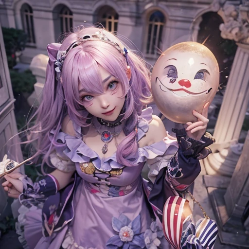 Standing in the grave、Hair flow、 ((highest quality、masterpiece、8k、Best image quality、Ultra-high resolution、Award-winning works)、(Accurate anatomy:1.1)、(Look at me and smile:1.1)、Shining fair skin with Ultra-high resolution、The most detailed face、Ultra-high resolution detailed face、Ultra-high resolutionの髪の毛、(Ultra-high resolution eye:1.1)、Beautiful face drawn in every detail、Cheerful clown costume, Chest to chest, Strange atmosphere, Ghosts flow, Dark Light, At the cemetery, Heavy makeup