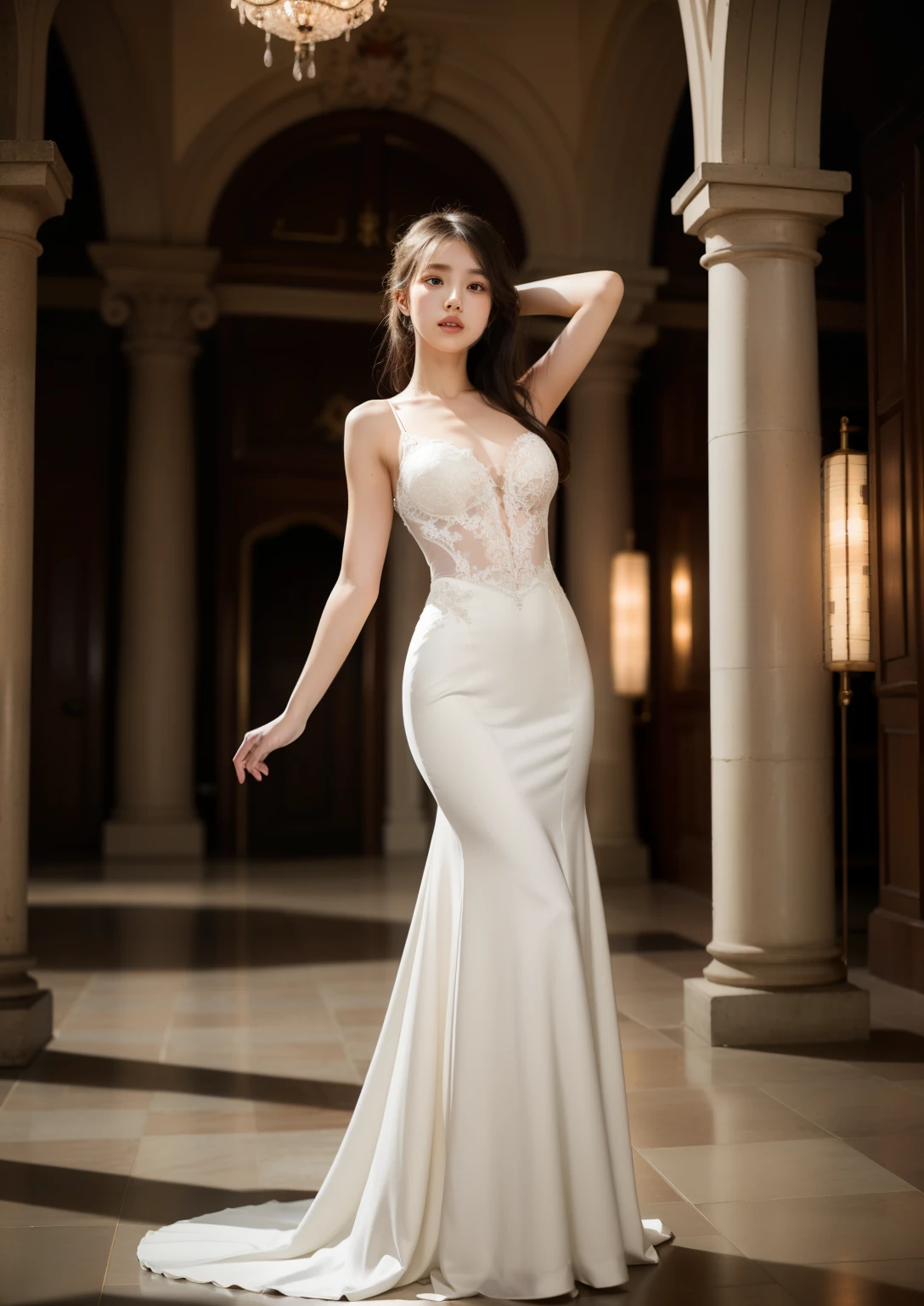 Beautiful 20 year old woman。She wears a wedding dress. She stretches her arms out like a ballet dancer.. She&#39;s smiling in the church lights at night . Romantic Sunset. Her dark brown hair. High resolution、masterpiece、highest quality、頭w:1.0、((Hasselblad Photos))、Fine skin、(Cinema Lighting)、clavicle . Full body photo.
