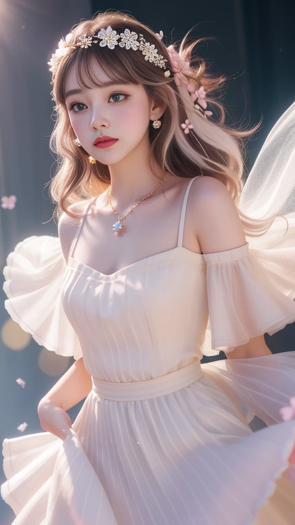 A girl, Detailed hair, delicate eyes, Shy, beard, clover hair ornament, Porphyra, Jewelry, faint blush, Light cheek hair accessories, White Dress, Princess dress, White highlights, Glowing lights, Ray tracing, bloom, Abuse of color difference, Motion blur, 4k, Ultra HD, masterpiece, Dance poses,