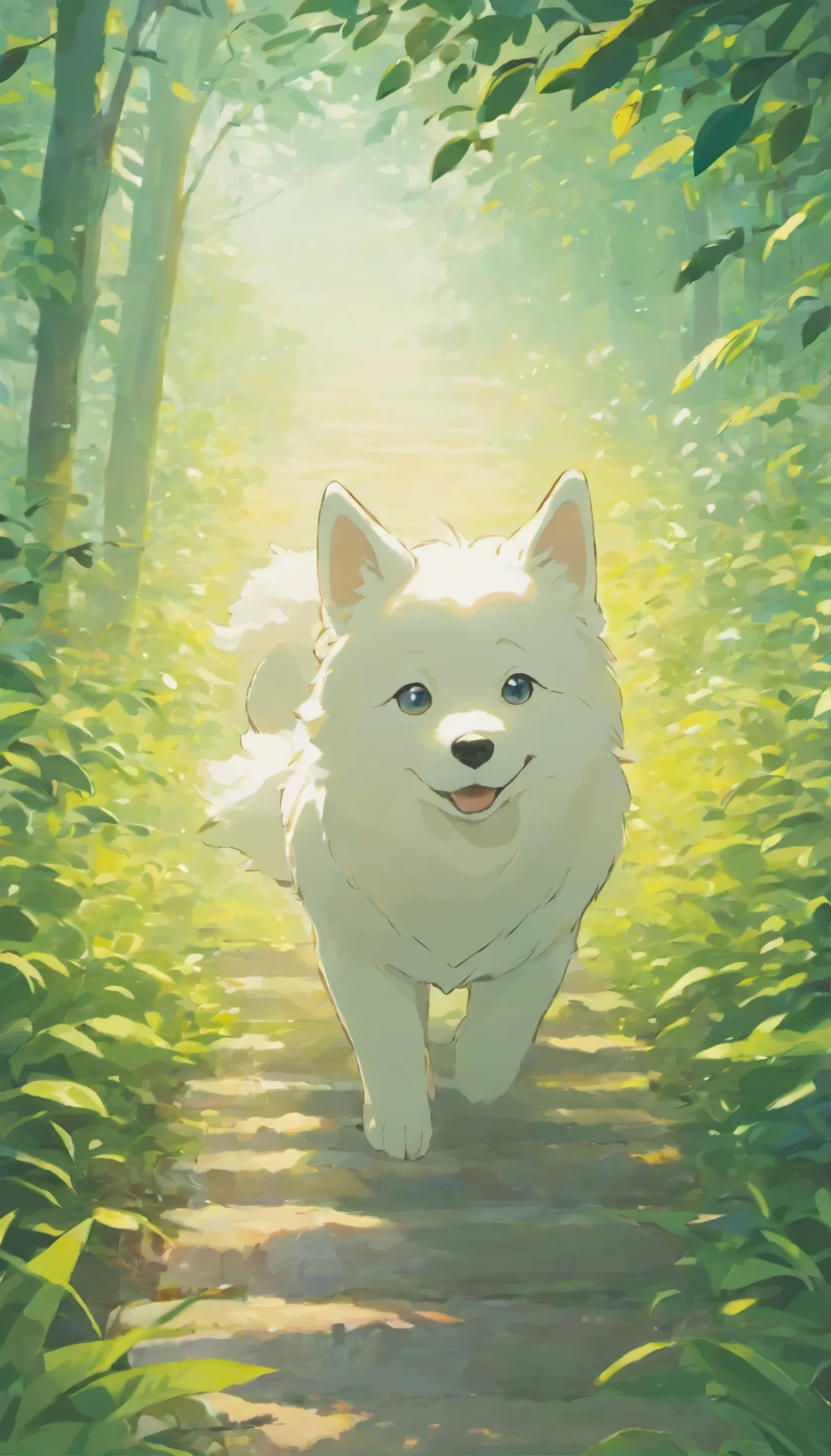 one dog,Samoyed dog,garden,Bathing in the morning sun,breathing fresh air,Refreshing scenery,Japan animated style,soft colors,Natural pose