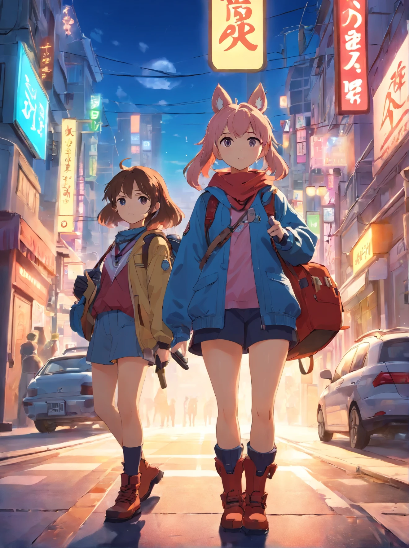 ((high quality)), ((masterpiece)), 8k, 2girls, cars, light rays, extremely detailed CG unity 8k wallpaper, cg game, looking at viewer, gloves, boots, full body, watch , computer, mask, drone, holding gun, headphones, jacket, bag, backpack, cameltoe, neon