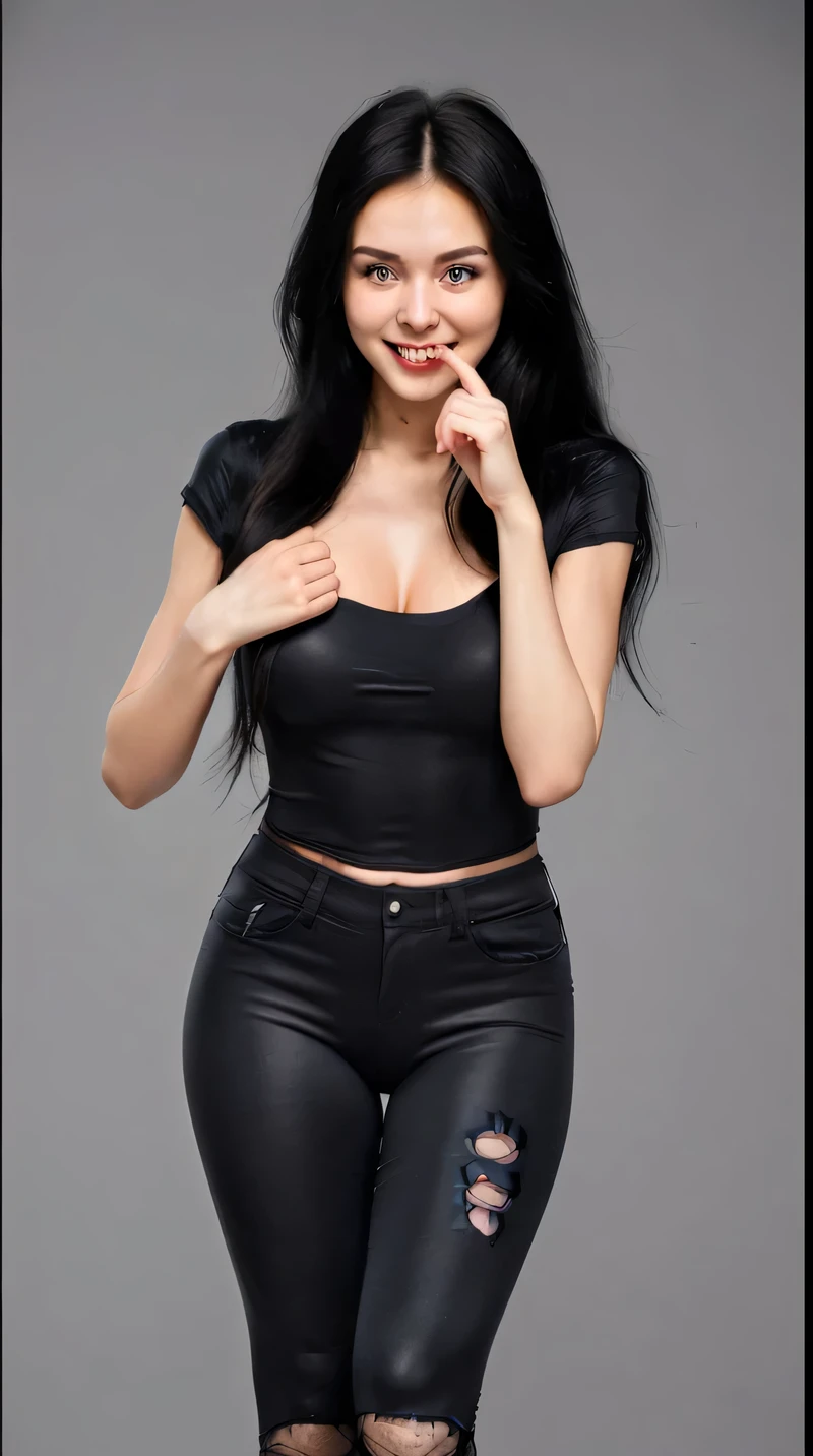 (super highest quality、In 8K、Masseter muscle part、good illustration、Full body）, She is wearing a black and blue tight spider man costume suit that covers the whole body, nothing is exposed、20 year old Russian woman is beautiful and charming、body slim, long black hair, standing straight and biting her finger while smiling seductively looking forward.
The background is plain gray.