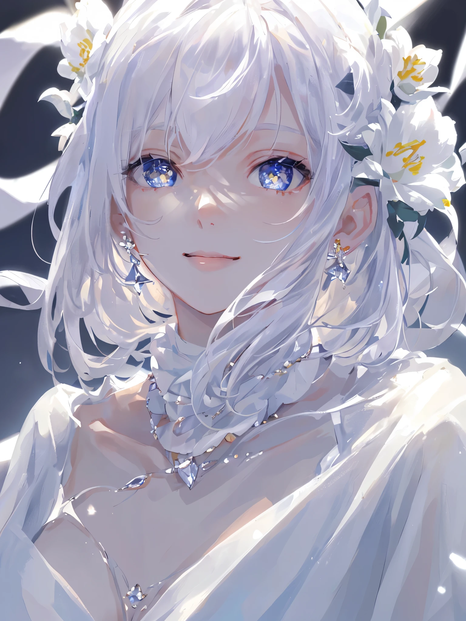 masterpiece, highest quality, figure, white, platinum earrings, Platinum Necklace, white dress, 1 girl, cute, (dynamic lighting:1.2), cinematic lighting, delicate features, fine eyes, sharp pupils, ((shapely massive chest;1.5)), realistic student, Depth of bounds written, Bokeh, sharp focus, (very detailed, bloom, shine:1.4), Many Small Gems,kind smile