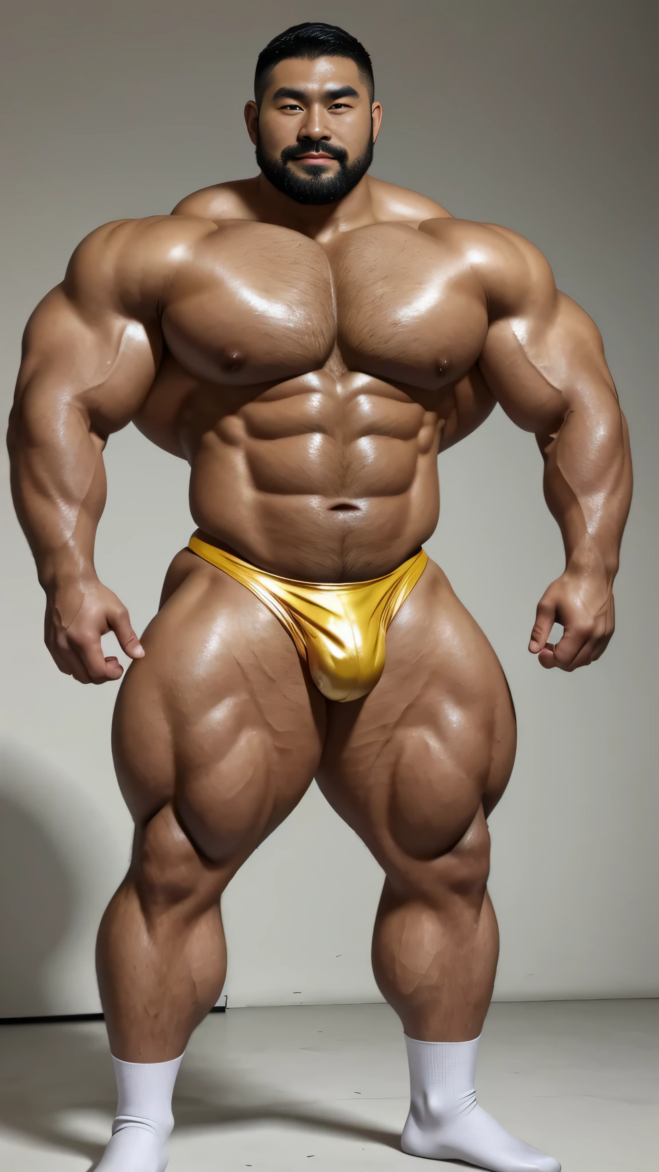 A Chinese bodybuilder，30 years old，Tall and handsome, Toned body，short hair, O-Shaped Beard，Perfect body, Dark and shiny skin，Smooth skin，The body is hairless，Muscle bulge, muscular, Very large pectoral muscles，Very sexy abdominal muscles，Very well-developed leg muscles，Huge concave and convex area，Brightens oily skin，Wearing a gold leather shiny thong，Handsome face， Correct and accurate male body proportions, full-body shot,  muscular，Wear white socks，Standing in front of gray background，Ultra-high-definition 4K picture quality。