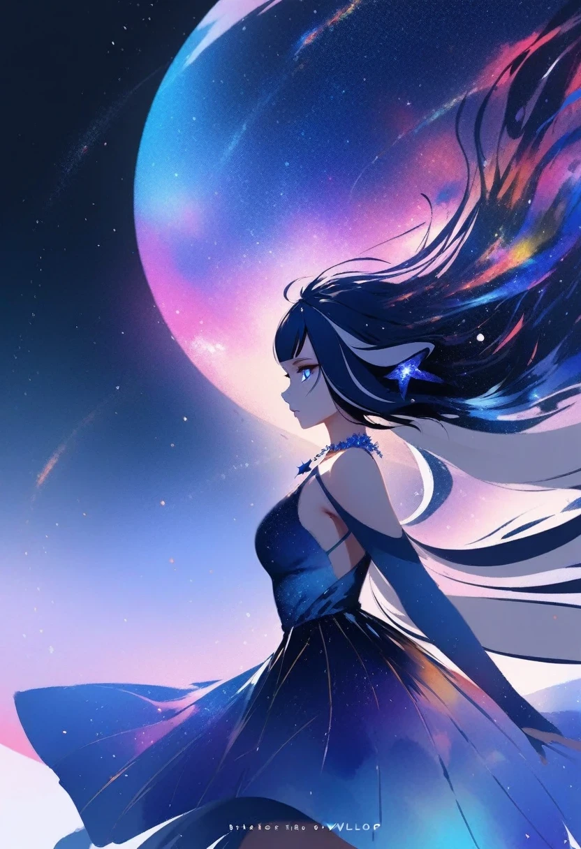 (shylily/(Twich/):1.5),(masterpiece:1.2),(best quality:1.2),(watercolor \(mediate\):1.25), splash of color, Fusion of fluid abstract art,rich and colorful, // Flat Color, From wlop,(Double Exposure Girl and the Universe:1.35), // (from the side:0.85), Cowboy shooting, (+_+),Solitary, Liquid Star Hair, Starry short hair,star hair accessories, Liquid Starry Lace Dress Tulle Skirt,jewelry necklace, // Extremely detailed starry sky background,Wind,Nebula Background,Dream Wind Nebula, (Branches:1.15),Blooming flowers,