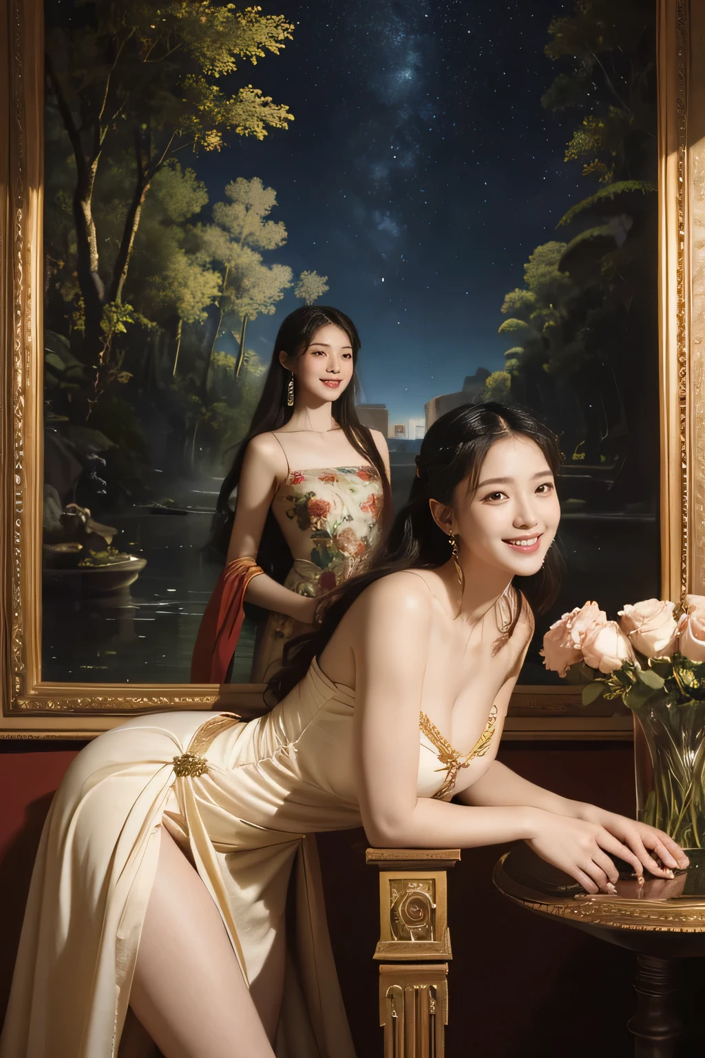 Giorgione painting style,Arguments of two female Philosophe,math、astronomical machine、astronaut、roses in vase、fruits、Cute trinkets、smile、ancient greek costume、Background is a forest lake at night 、Clothes that stretch your shoulders、A big smile、beautiful bare skin、A detailed representation of the seducing woman throughout her body.