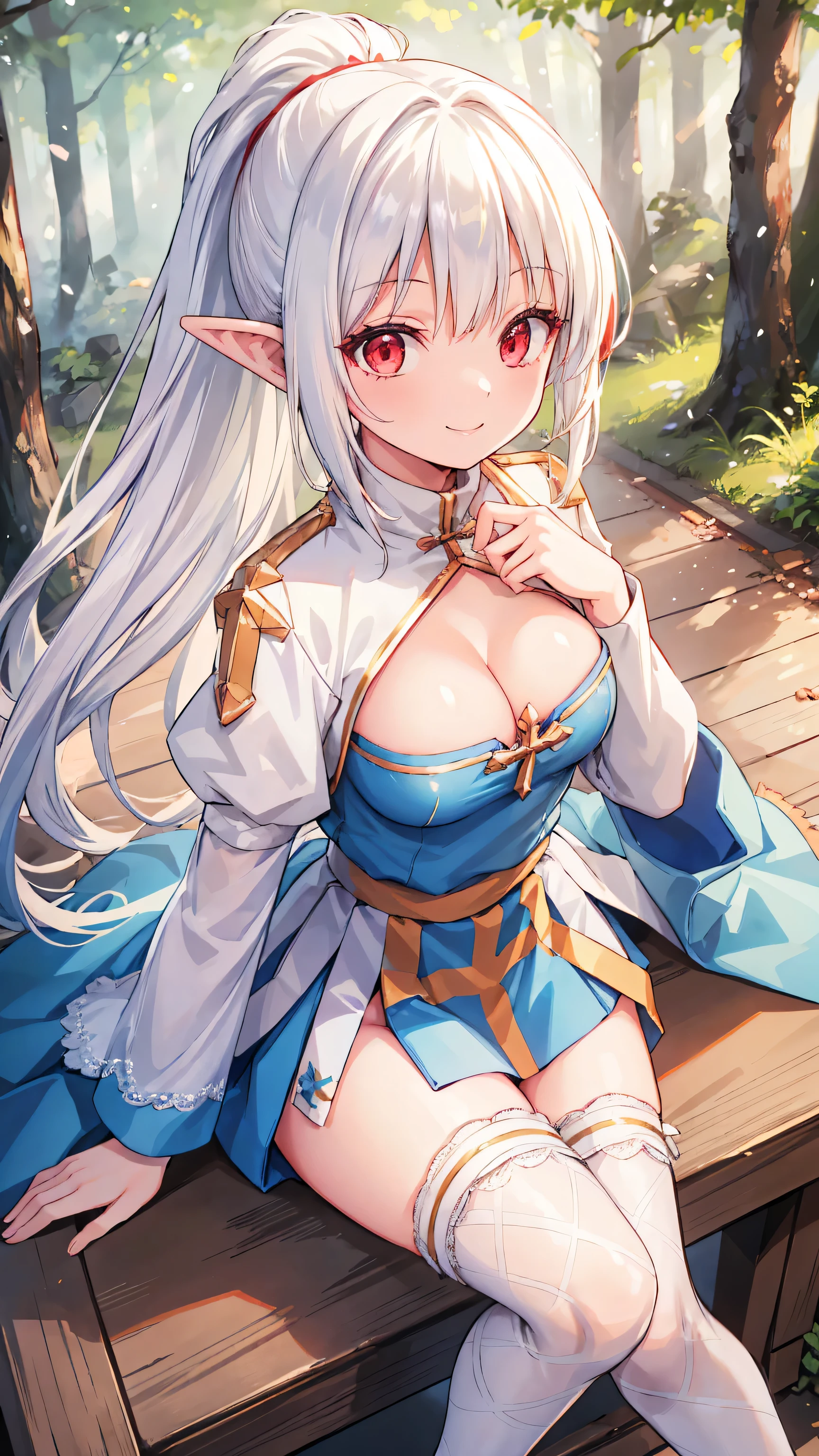 20 year old girl, Long white hair, Slim body, Medium breast, White blouse, Short skirt, Red eyes, smile, Sexy pose, Forest in the background, Multicolored Hair, ponytail, Eye Reflexes, Evil smile, Pointed Ears, Ray Tracing, Super detailed, highest quality