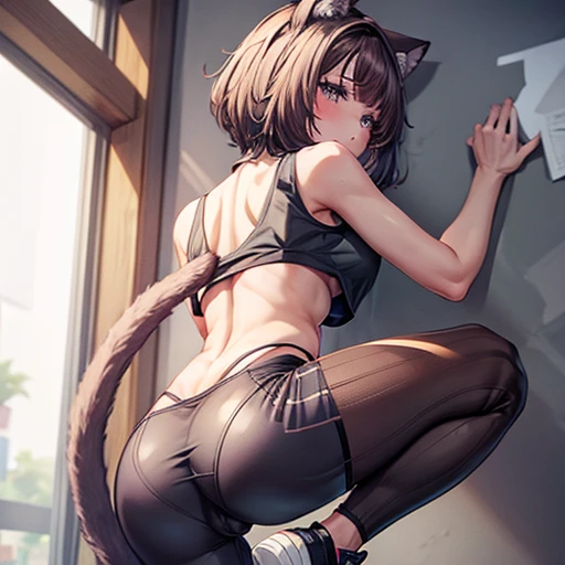 A brown-haired woman wearing a tank top and leggings With side slits Big Ass Spread your legs Cat ear tail Small breasts