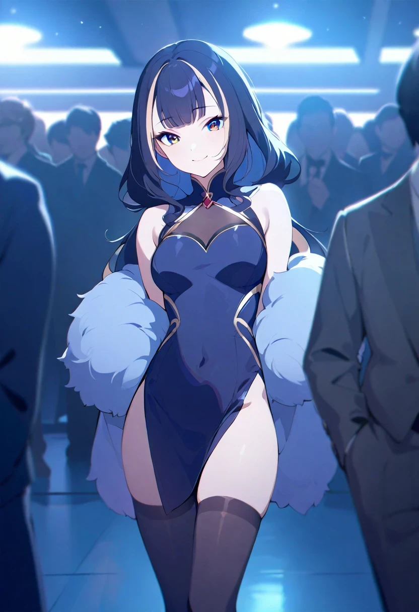 (shylily/(Twich/):1.5),(masterpiece:1.2),(best quality:1.2),1 woman solo,Cowboy shooting,20-year-old beauty、,long hair,Bangs,,a smile,Shy look,a smile,slim body, ,Sweat,((Black cheongsam dress、Sleeveless、Short deep slit、thigh_gap, Black_thighhighs)),(Crowd of people blurred、 venue、luxury hotel)、Indoor lighting、