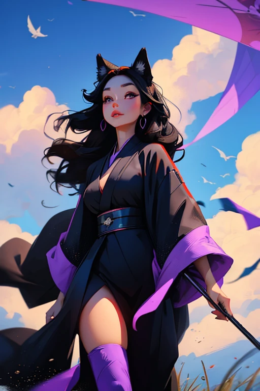 A black haired woman with violet eyes with an hourglass figure and black fox ears and a fox tail in a kimono is walking through a land of clouds