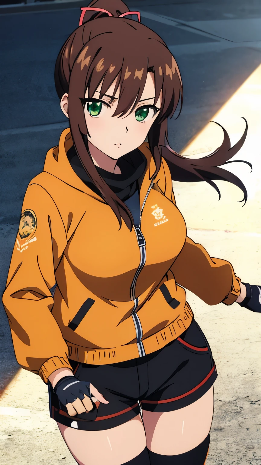 masterpiece, best quality, 8k, anime art style, Kirasaka Sayaka, Dark brown hair, ponytail, hair ribbon, (orange jacket, black gloves, black shorts, fingerless gloves, orange legwear, jacket, long sleeves, open jacket, short shorts), dynamic angle, looking at the viewer, green eyes, light in the eyes, (big breasts: 0.8), cowboy shot