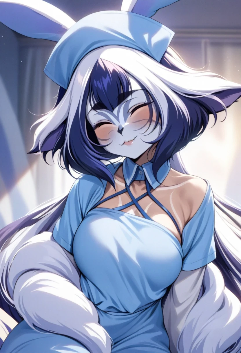 (shylily/(Twich/):1.5),(masterpiece:1.2),(best quality:1.2), Perfect face and body,Long fluffy hair,Nurse hat,Nurse,with bunny ears,Angel's wings grow, (1 girl),