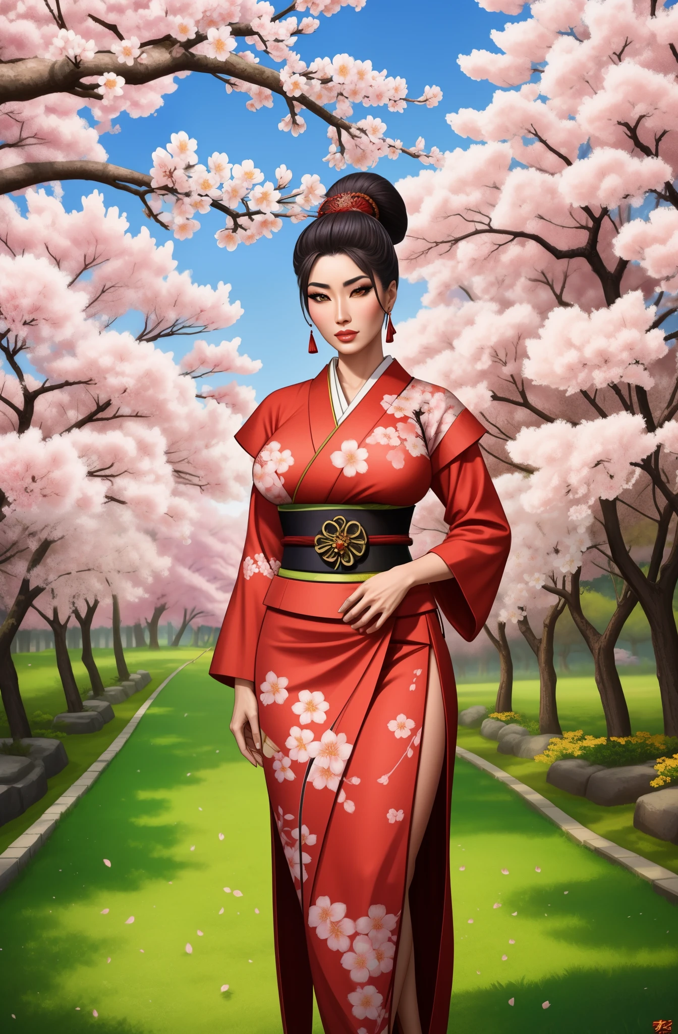 gorgeous Asian woman, samurai, sakura grove, flowering trees