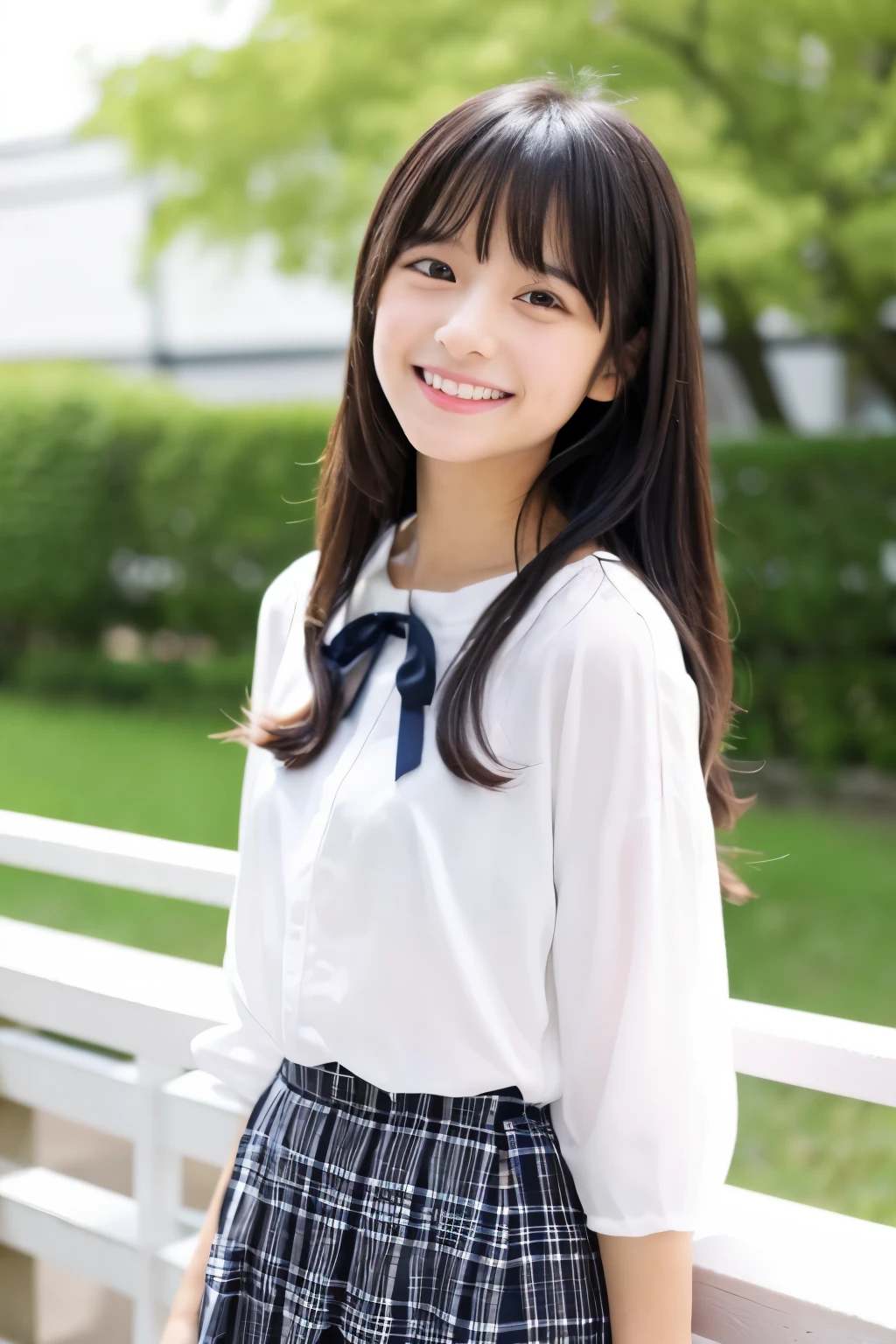 Cute Japanese Girl、、innocent、Pure、Simple、Embarrassed、Laughter、kind、White plain blouse、Plaid ribbon、Long black hair