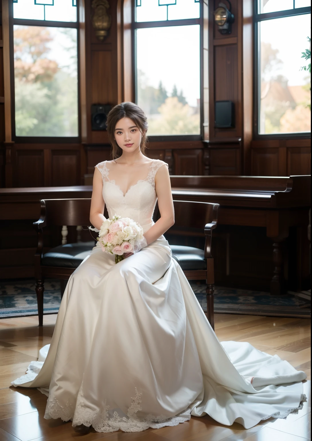 Beautiful 16 year old woman。She is wearing a wedding dress and white long length gloves. She is smiling on illuminated by the evening church lights on the romantic sunset time. her dark brown short length hair. High resolution、masterpiece、highest quality、頭w:1.0、((Hasselblad Photos))、fine skin、(movie lighting)、clavicle . full body picture.