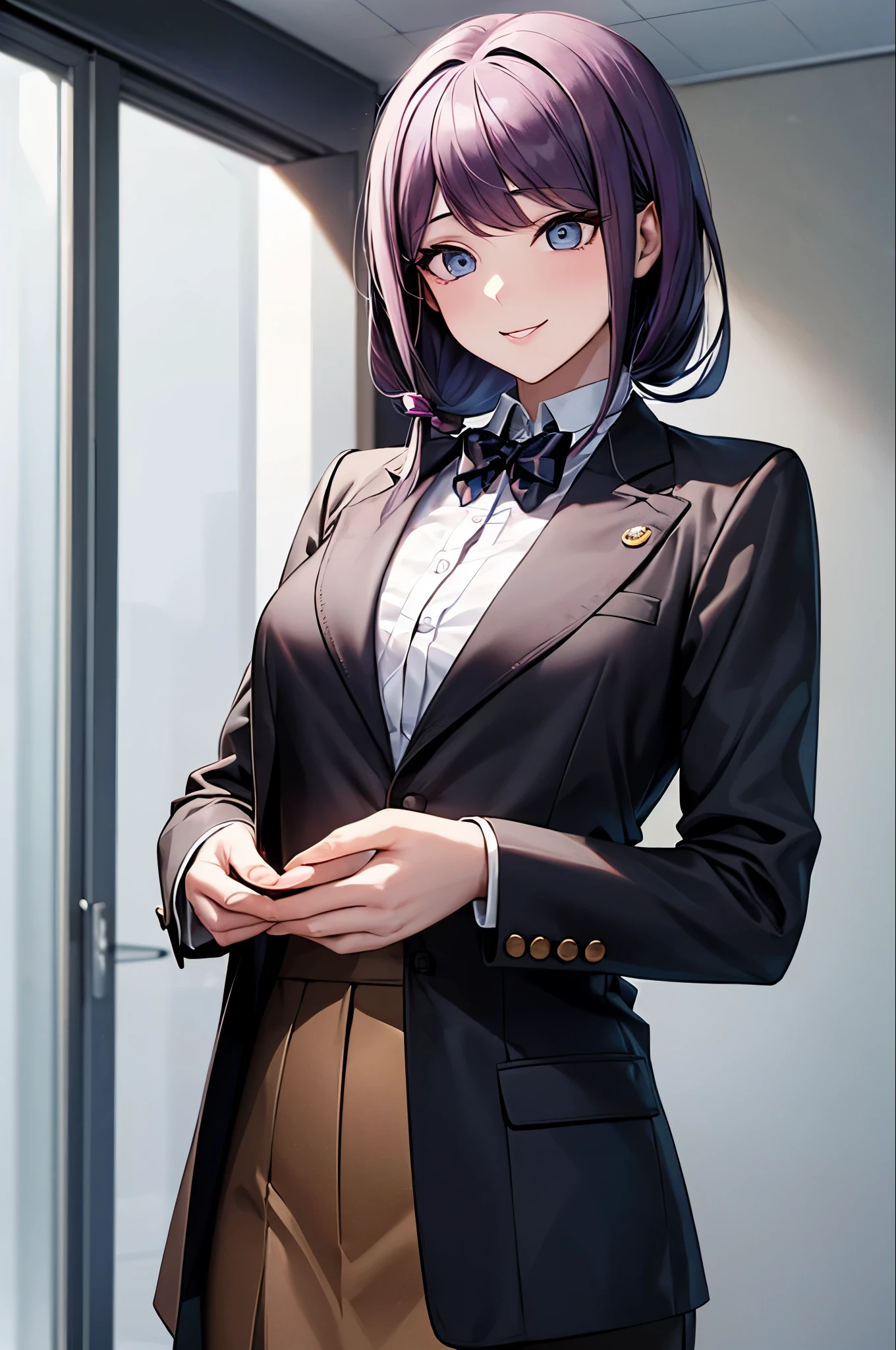 Mioda Ibuki /(Danganronpa/), Bank Super Details, masterpiece, figure, 8k, masterpiece, Realistic Shadows, Slope, Volumetric lighting, cute, Ambient Lighting, Cowboy Shot, colorful, A girl with beautiful, fine eyes, alone, (Original Costume), smile, {Office Background}, Formal suit