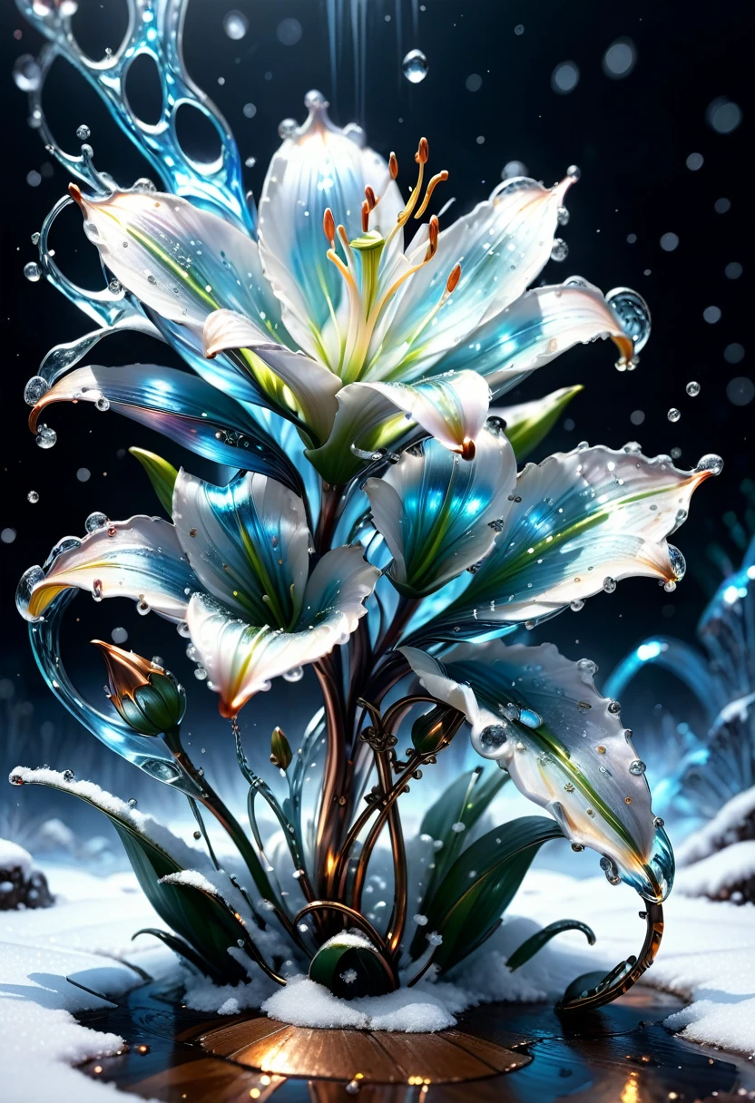 Liquid Metal, stunning cinematic full body visual of a frozen mercury lily snowy landscape with crystal snow falling from the sky but it's made of Circuitry fantasy liquid metal wave street with a metal firefly shining, Hyperrealistic, steampunk, splash art, concept art, mid shot, intricately detailed, color depth, dramatic, 2/3 face angle, side light, colorful background